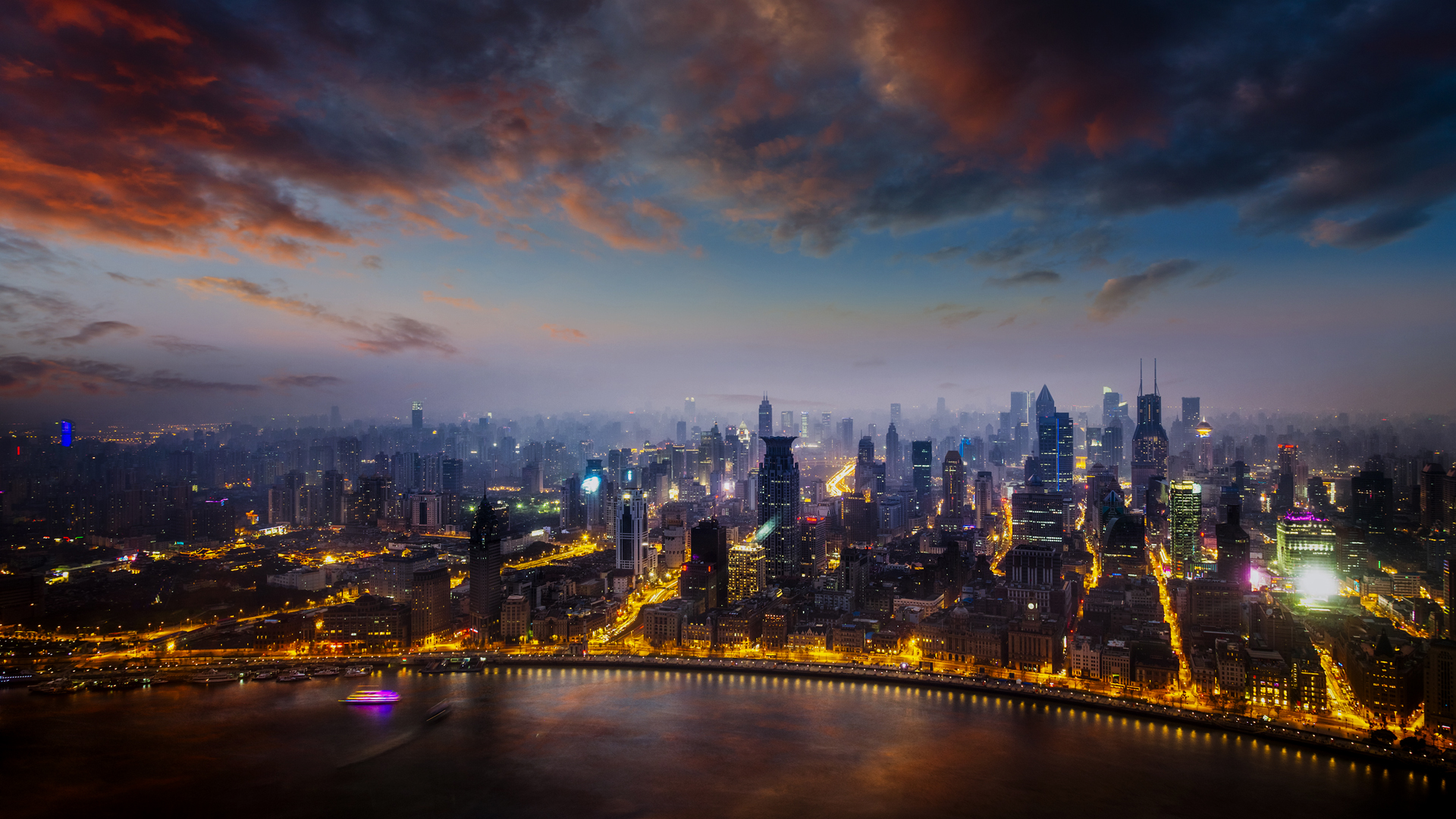 General 1920x1080 nature landscape far view clouds sky night sunset lights water skyscraper road boat mist cityscape Shanghai China
