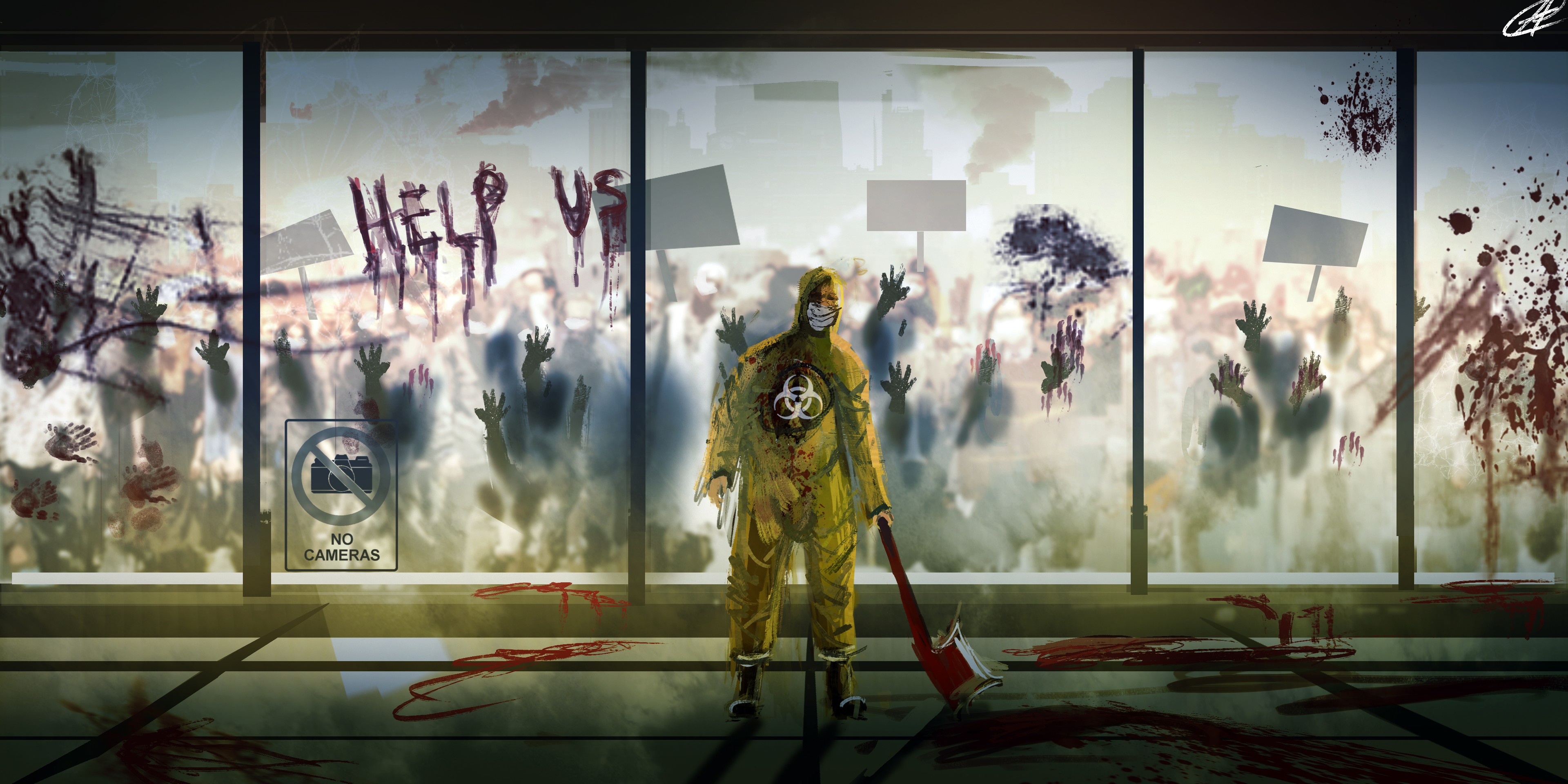 General 3840x1920 digital art artwork illustration environment concept art apocalyptic blood Virus architecture creature character design  interior people horror zombies weapon biohazard frontal view axes