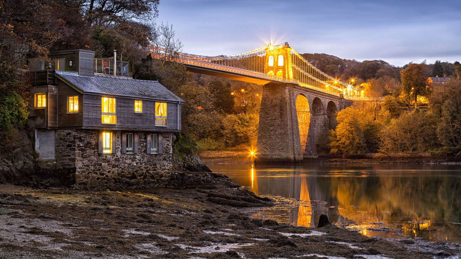 General 1920x1080 architecture bridge house trees stones river cabin lights reflection banks England UK