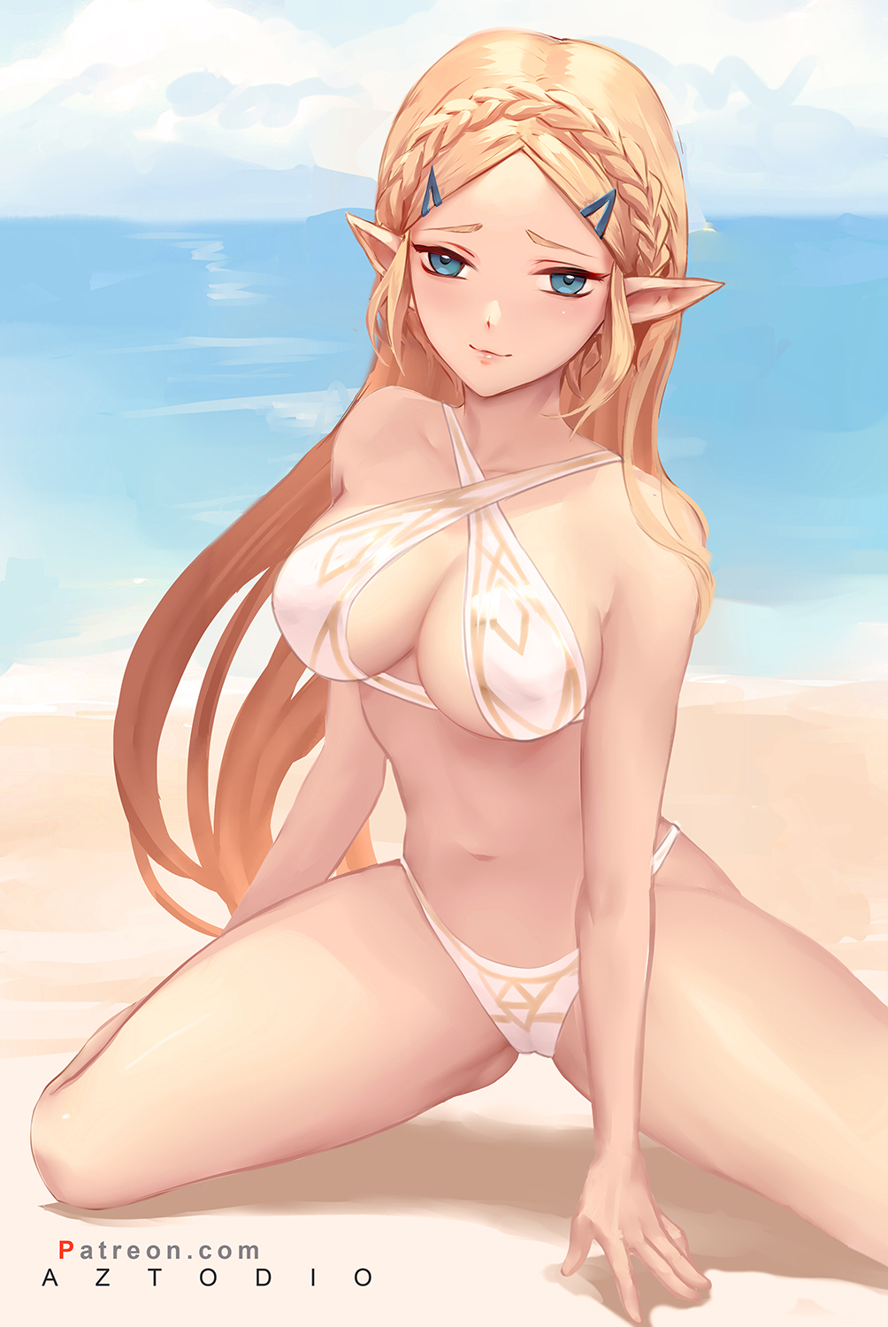 Anime 1004x1500 anime anime girls digital art artwork 2D portrait display Azto Dio The Legend of Zelda Zelda beach bikini elves blonde long hair blue eyes cleavage