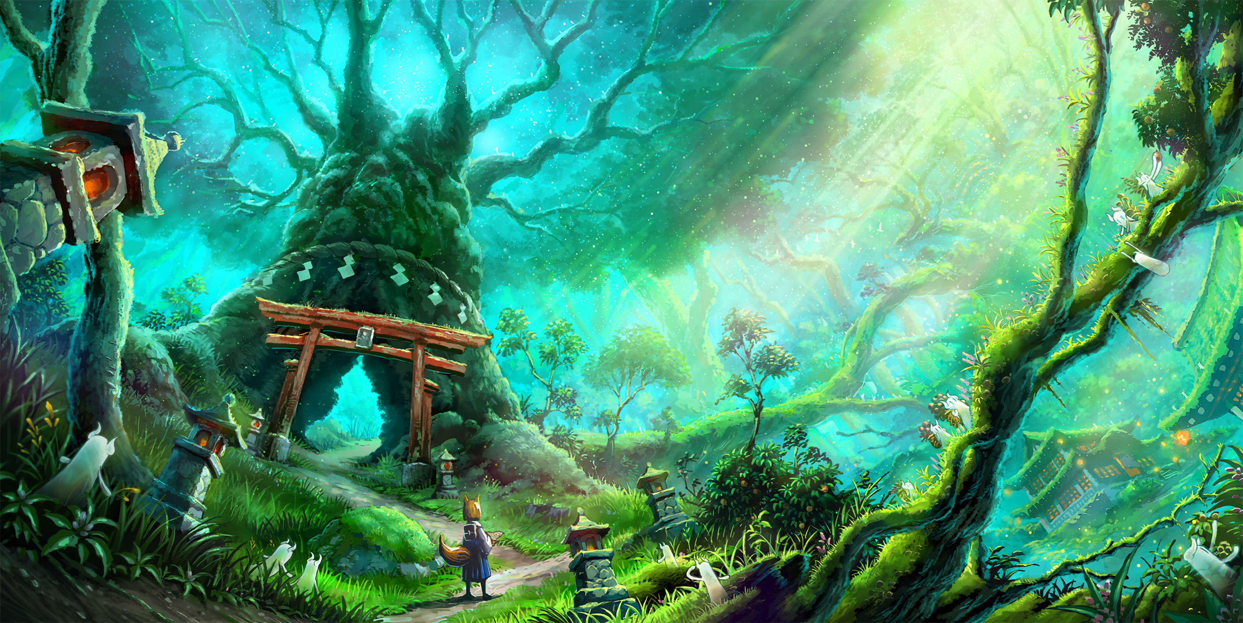 Anime 2500x1254 anime landscape nature forest plants trees fantasy art