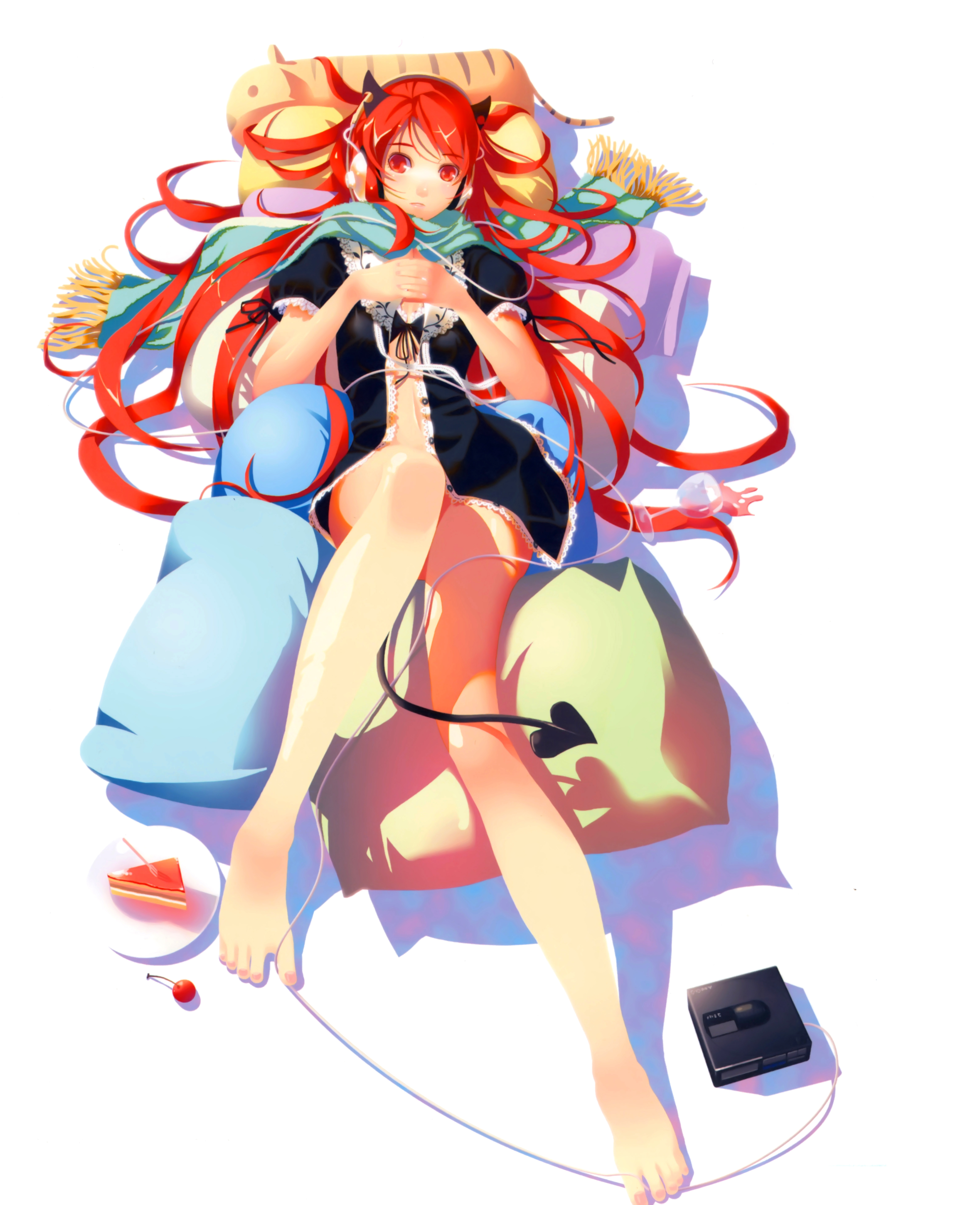 Anime 4656x5726 anime anime girls fan art vofan redhead red eyes horns minidress open clothes underwear legs feet lying on front pillow