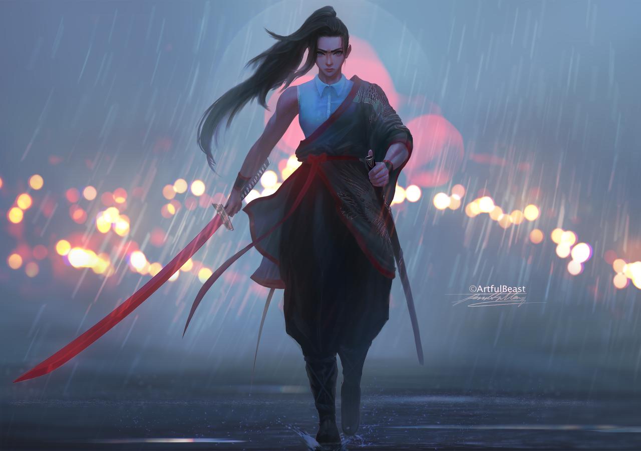 Anime 1280x902 digital art katana sword rain samurai moonlight Paul Nong frontal view