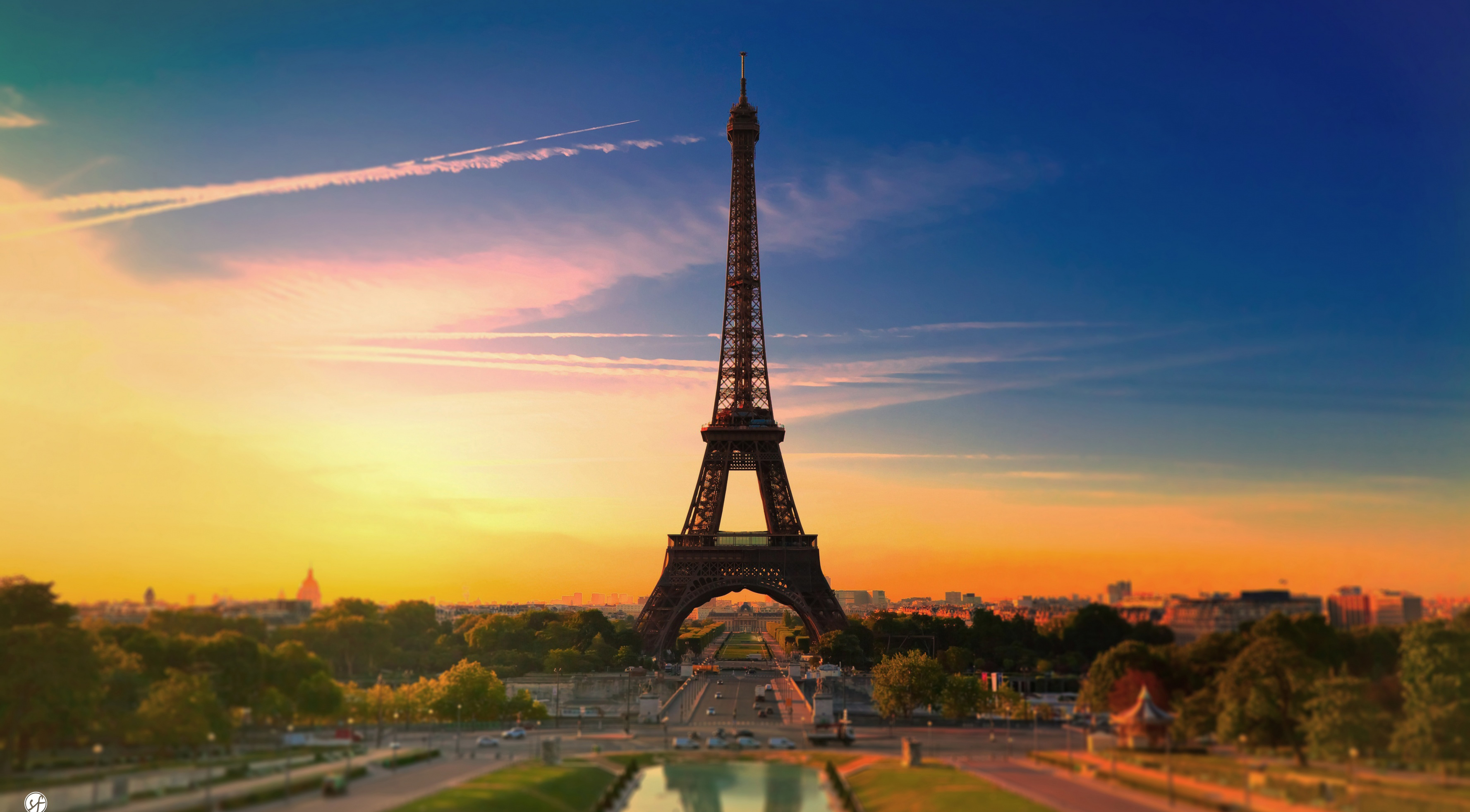 General 3554x1964 city France Paris sunrise sunset orange sky Eiffel Tower cityscape tilt shift Sun landmark Europe