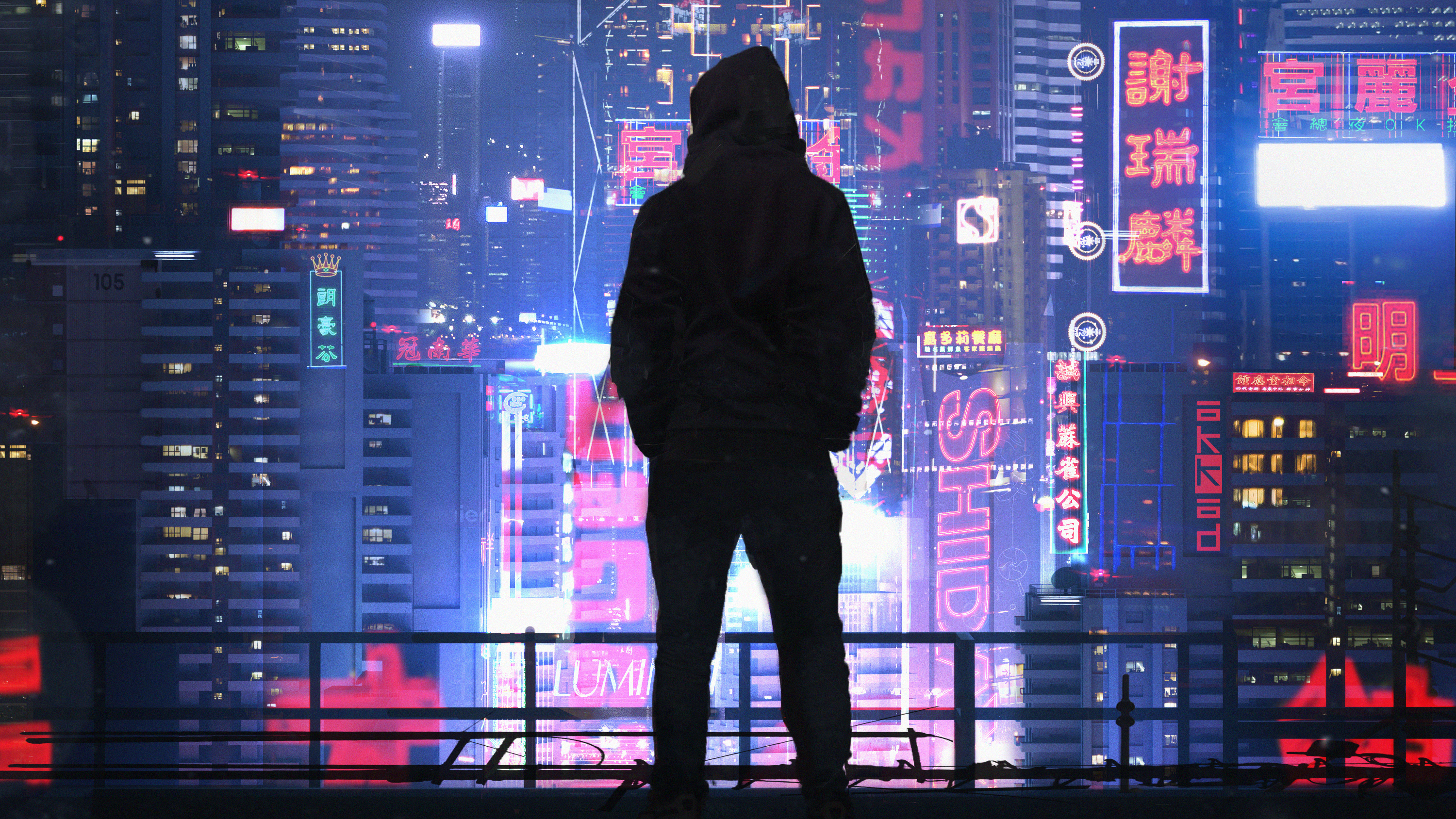 General 3000x1688 digital art artwork cyberpunk science fiction standing back city night city lights hoods