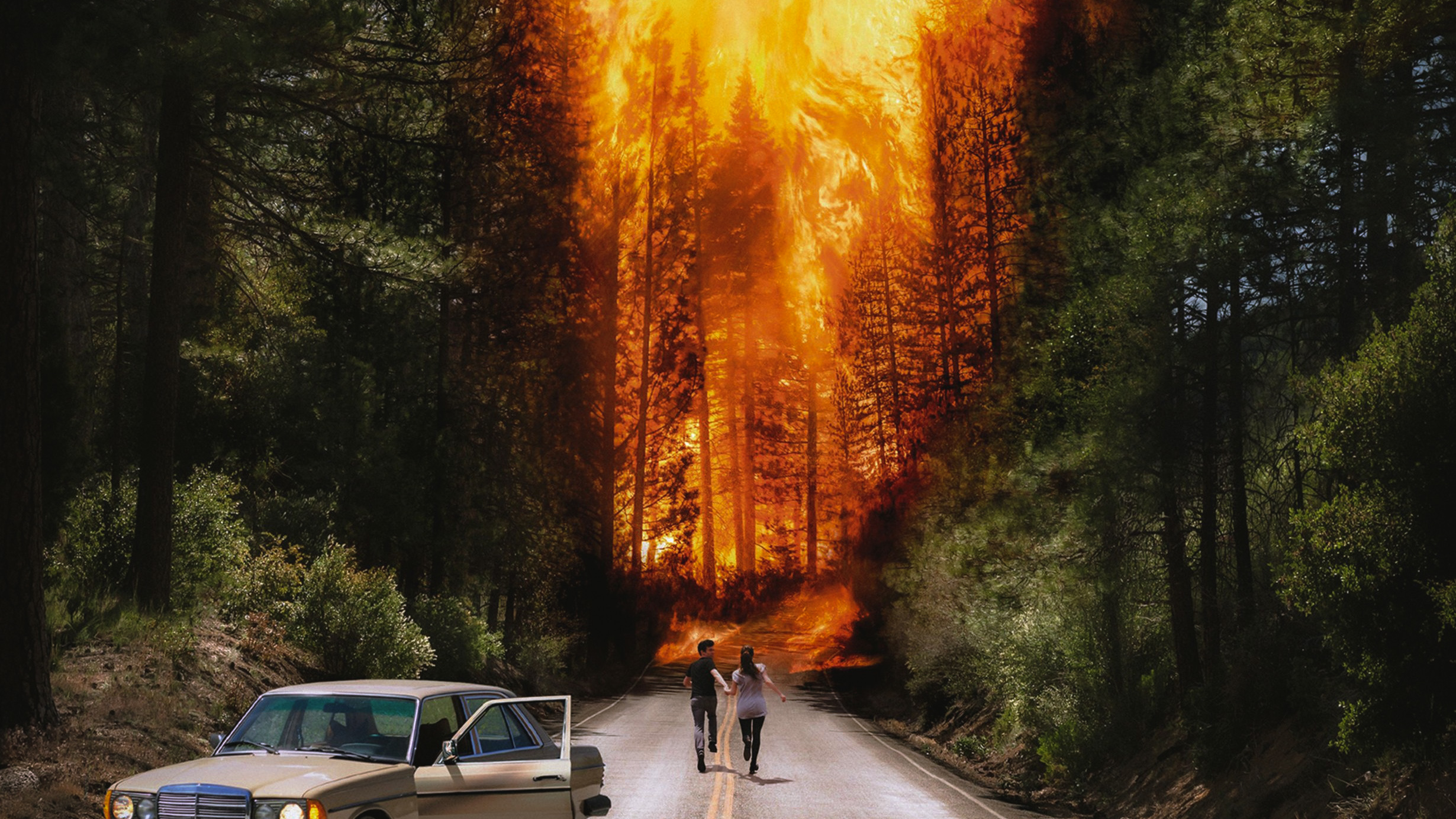 General 2460x1384 Ladytron running couple wildfire pine trees old car photo manipulation forest