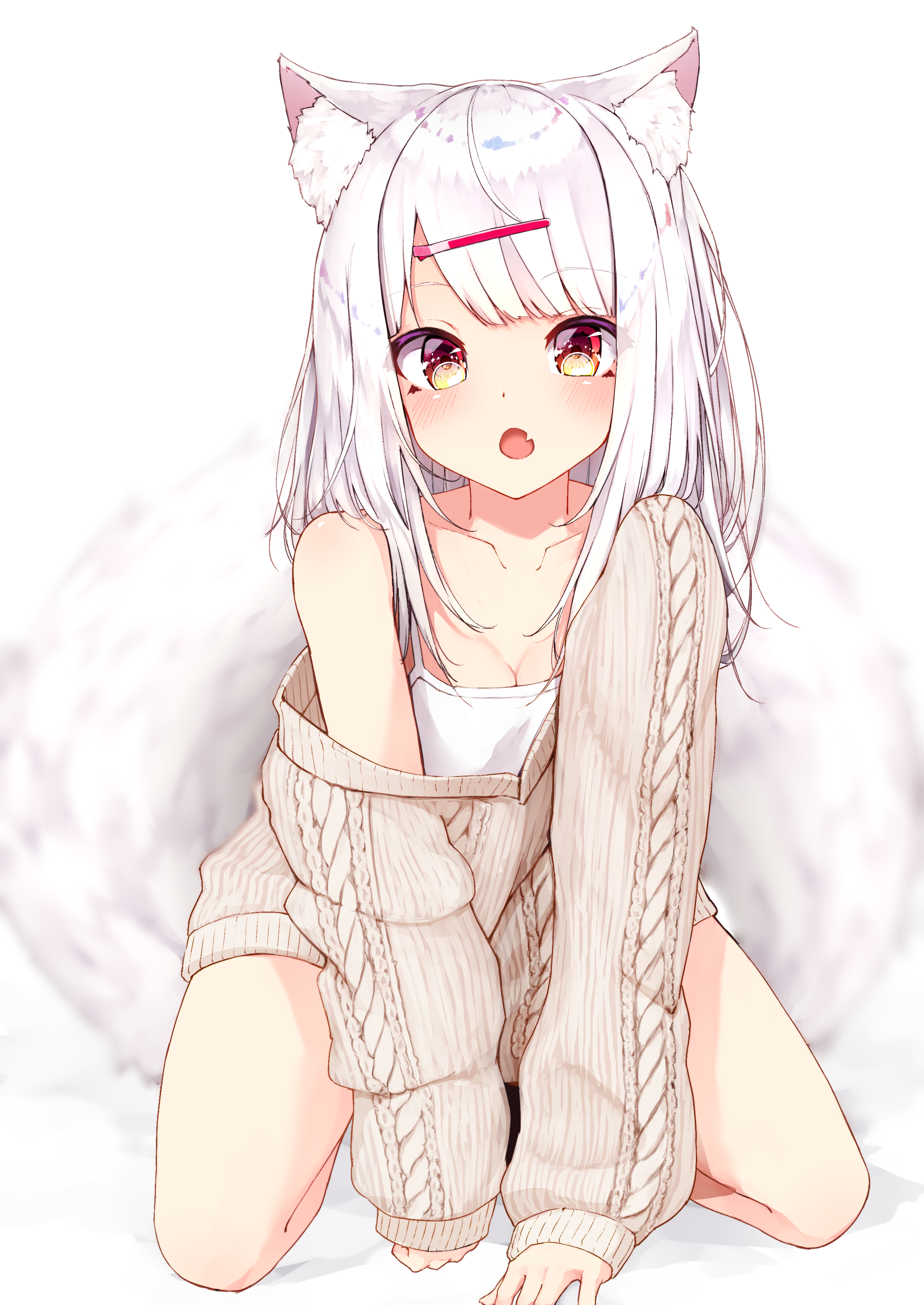 Anime 2508x3541 anime anime girls digital art artwork 2D portrait display red eyes white hair animal ears tail fox girl sweater kneeling Mayogii