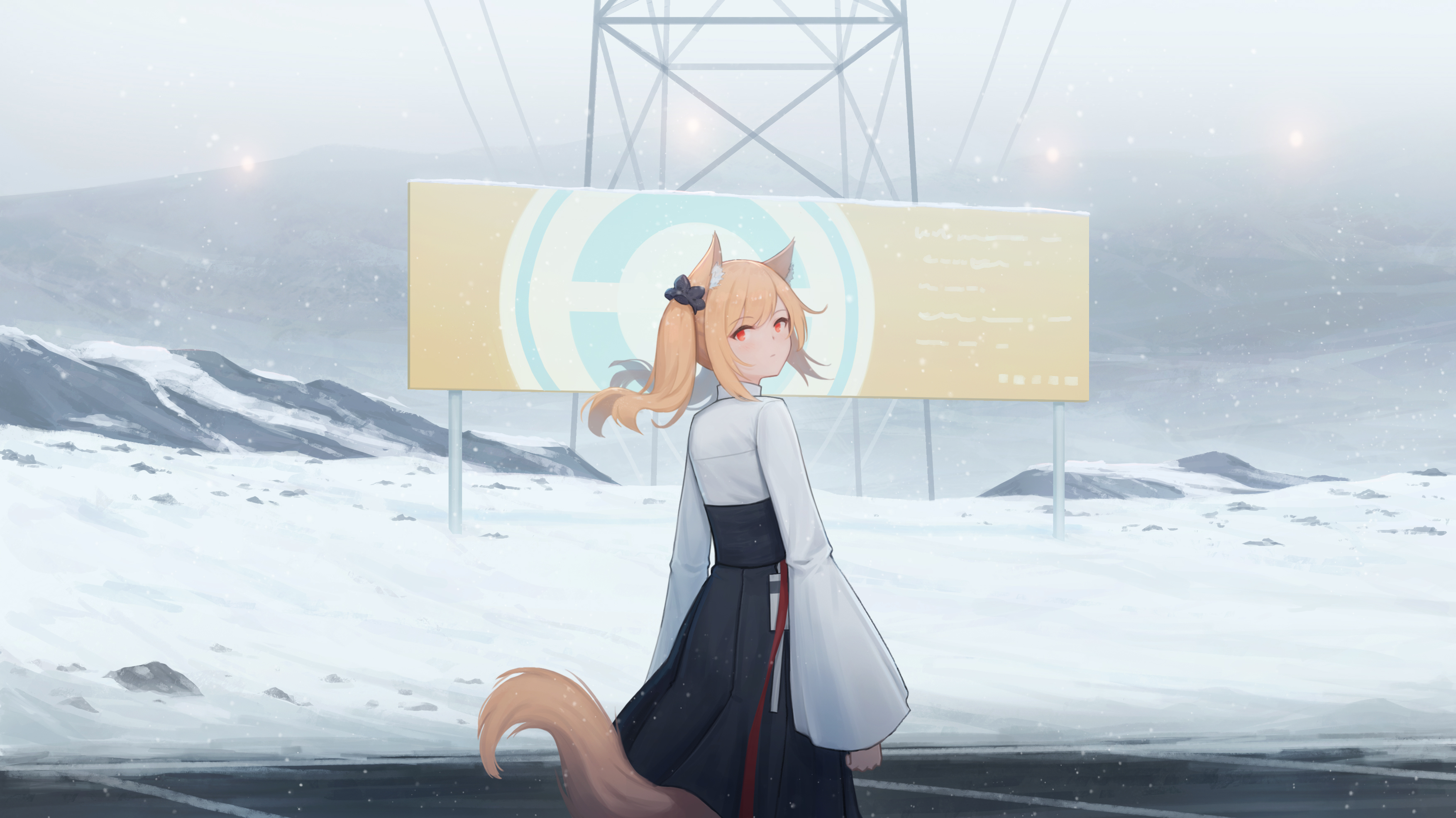 Anime 3508x1973 looking back looking at viewer fox girl fox ears red eyes snow mountains power lines Arknights Sora (Arknights)
