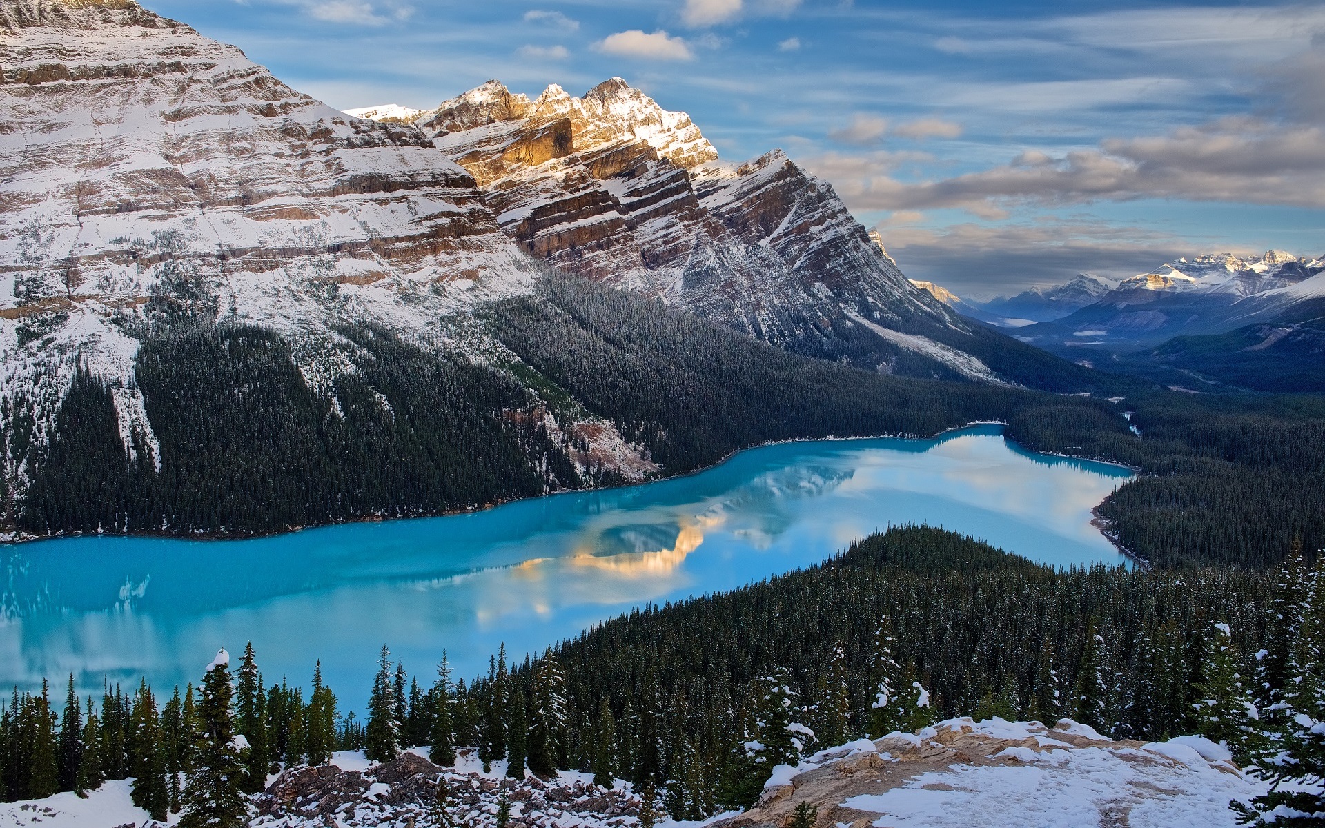 General 1920x1200 Peyto Lake Canada nature landscape mountains snowy mountain lake turquoise forest trees snowy peak snow winter far view pine trees cyan