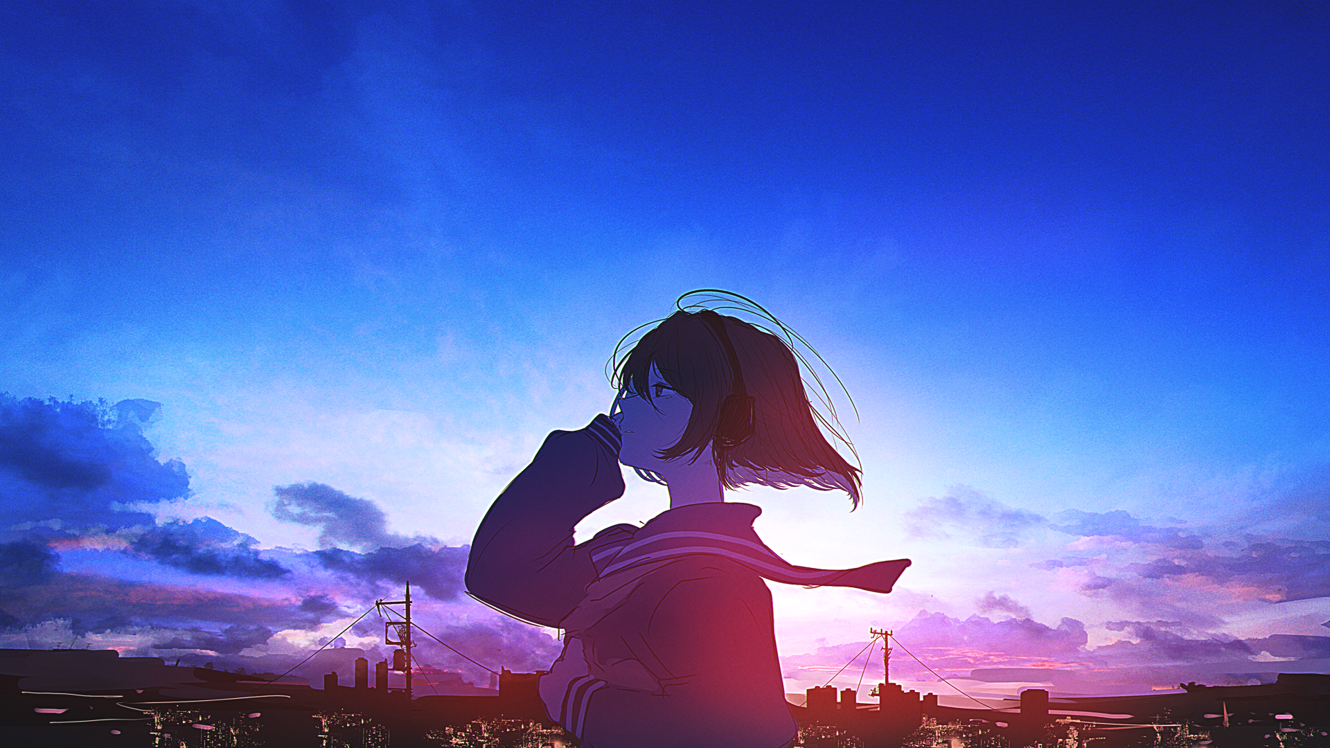 Anime 1920x1080 anime girls anime sky headphones clouds