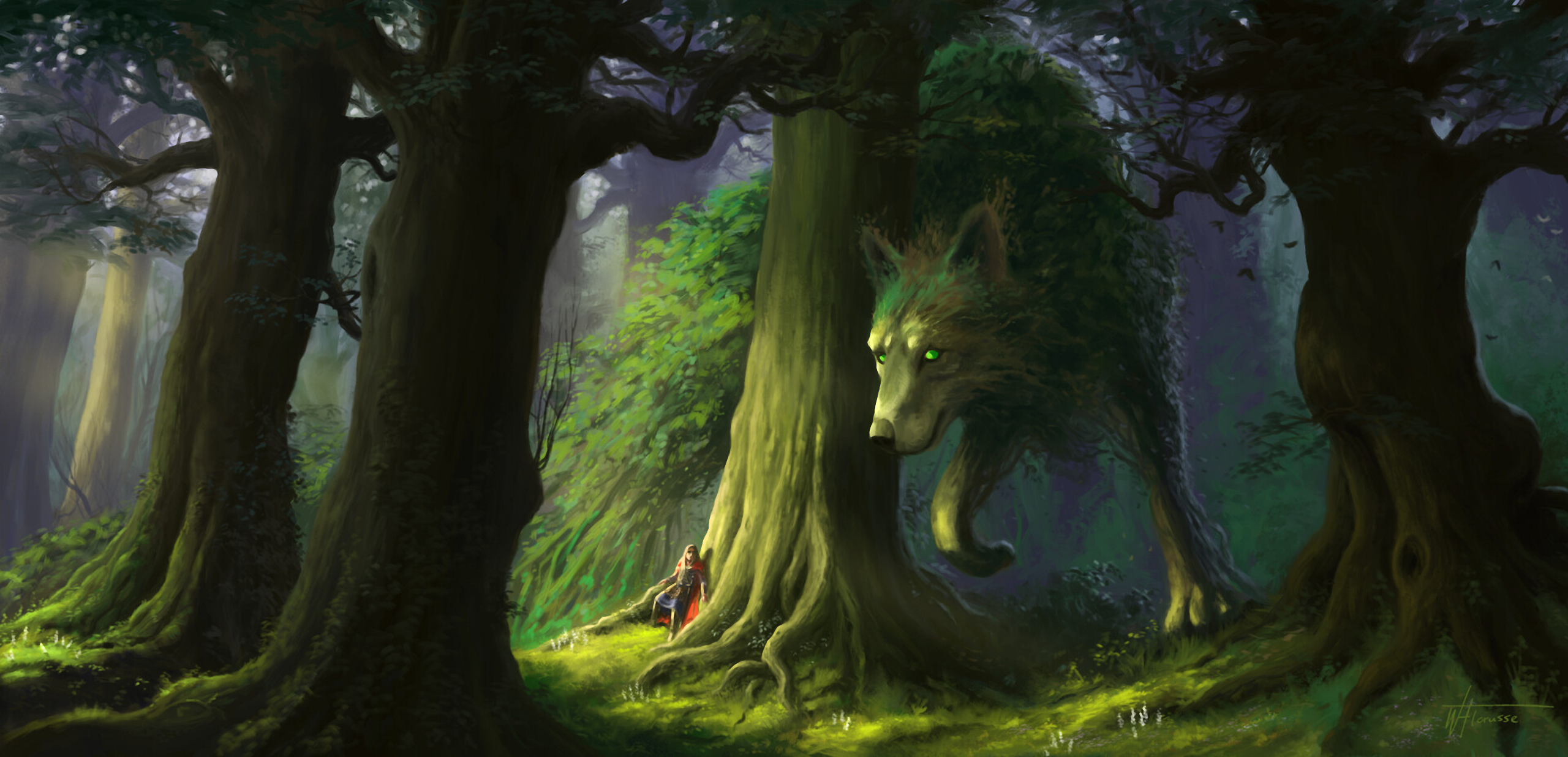 General 2560x1236 digital art artwork fantasy art nature landscape forest trees drawing painting digital painting animals wolf green wood creature fictional creatures environment concept art