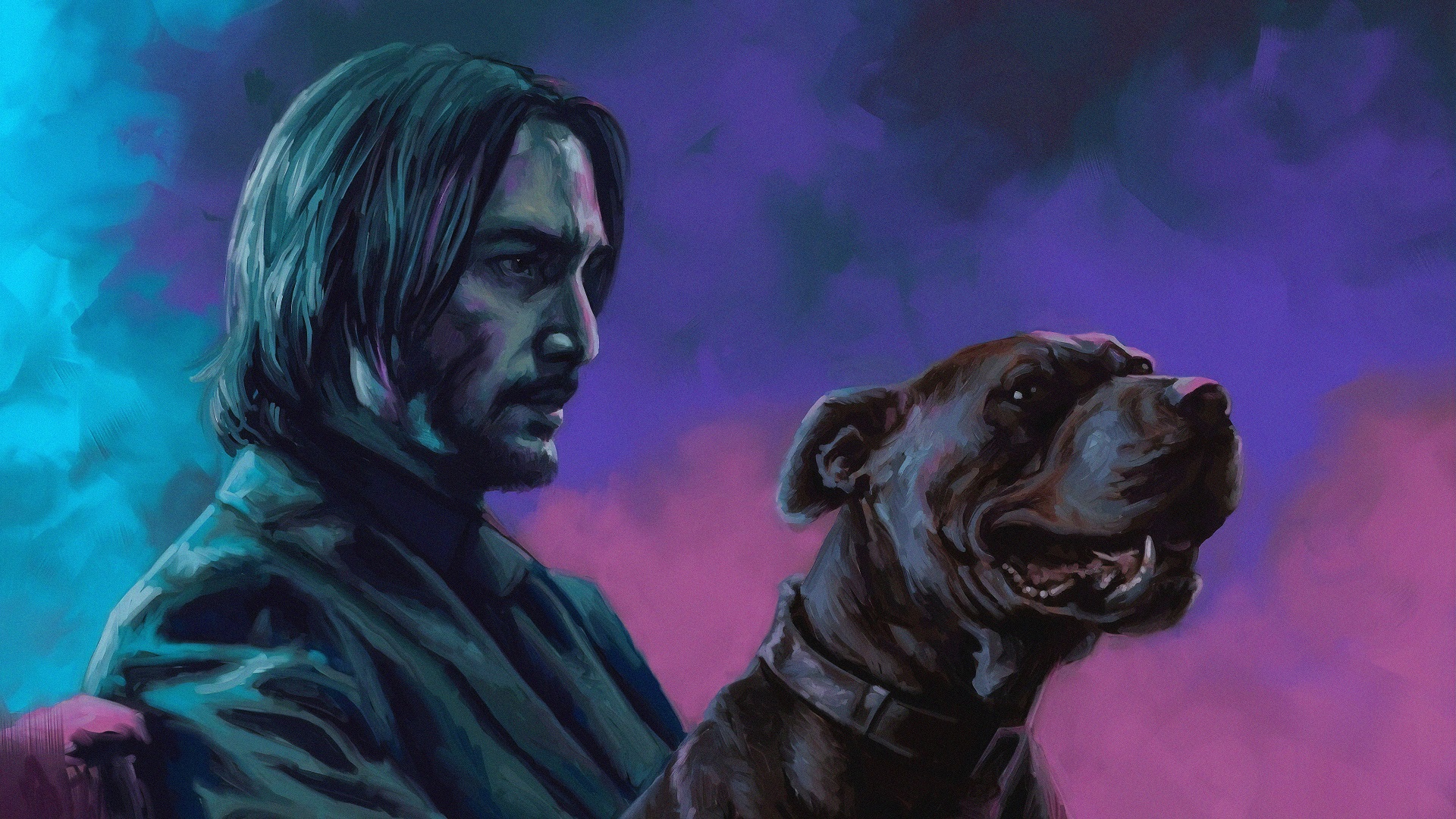 General 1920x1080 artwork digital art John Wick  Keanu Reeves dog movies fan art cyan purple