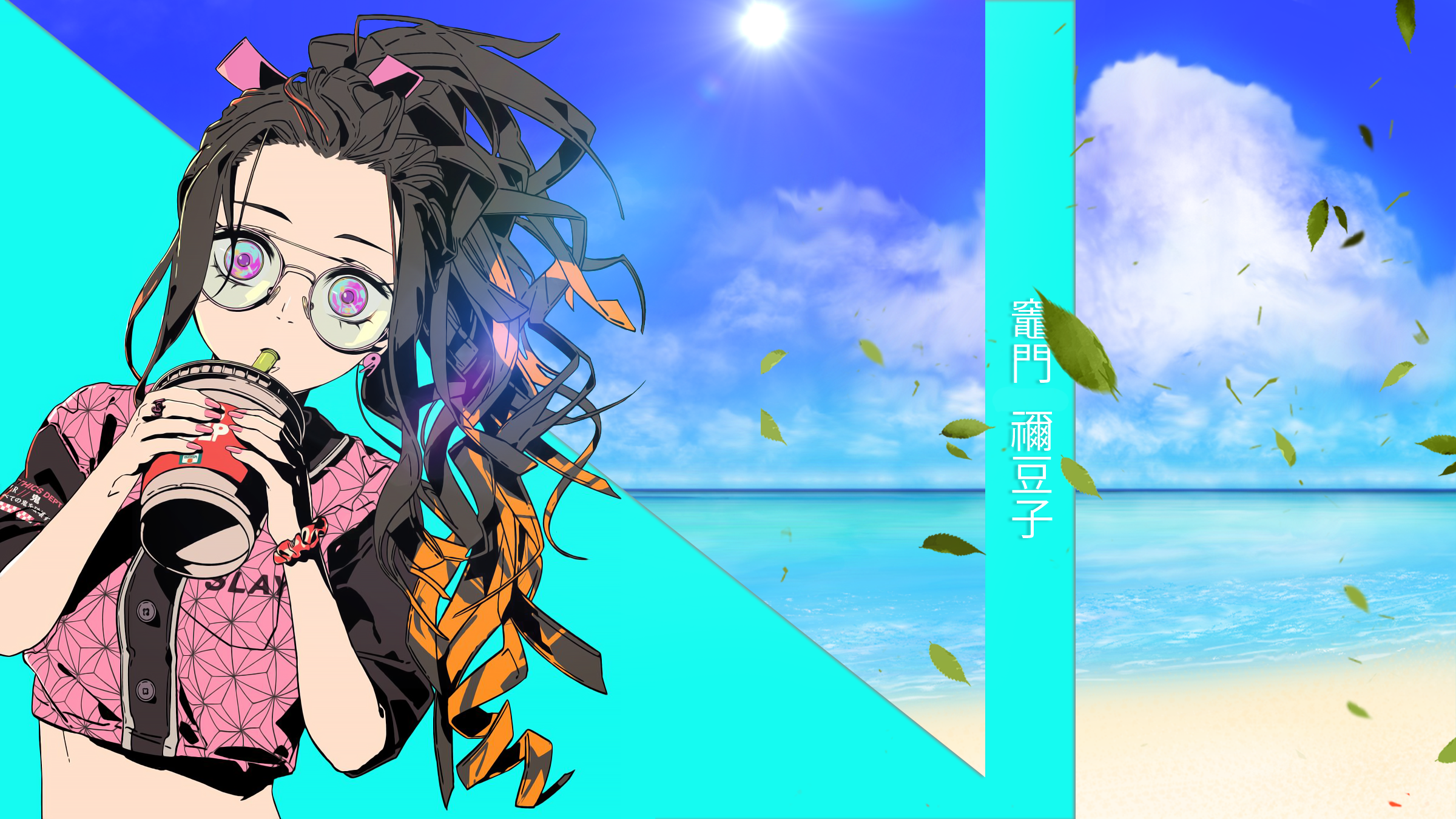 Anime 2400x1350 Kamado Nezuko Kimetsu no Yaiba beach anime cyan