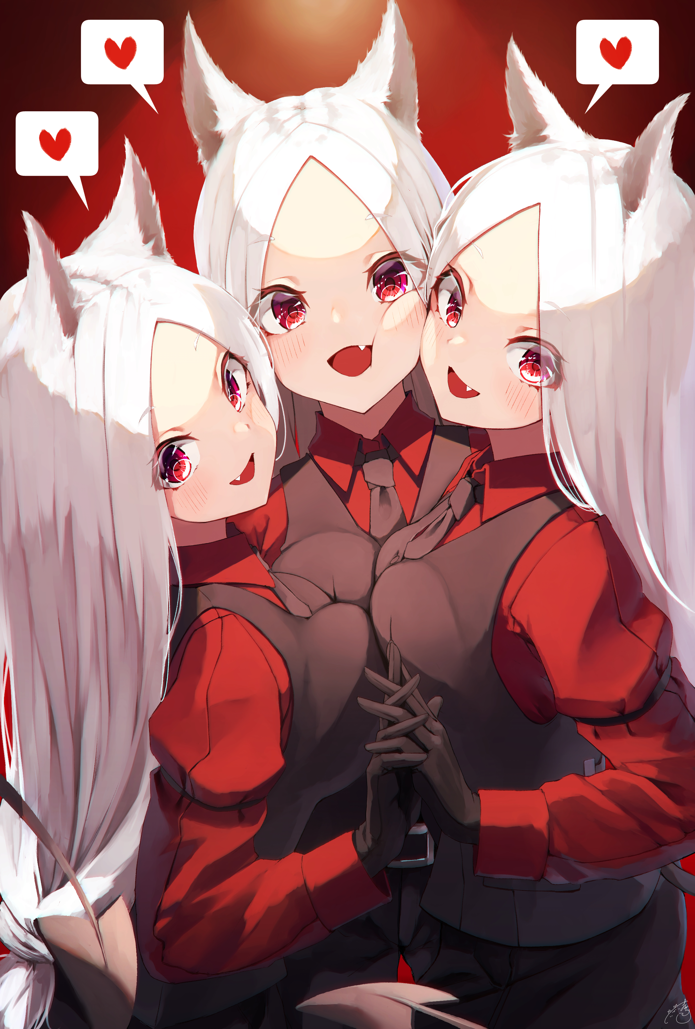 Anime 2394x3541 anime anime girls digital art artwork 2D portrait display white hair red eyes holding hands looking at viewer Helltaker Cerberus (Helltaker) Mayogii animal ears tail suits boobs on boobs
