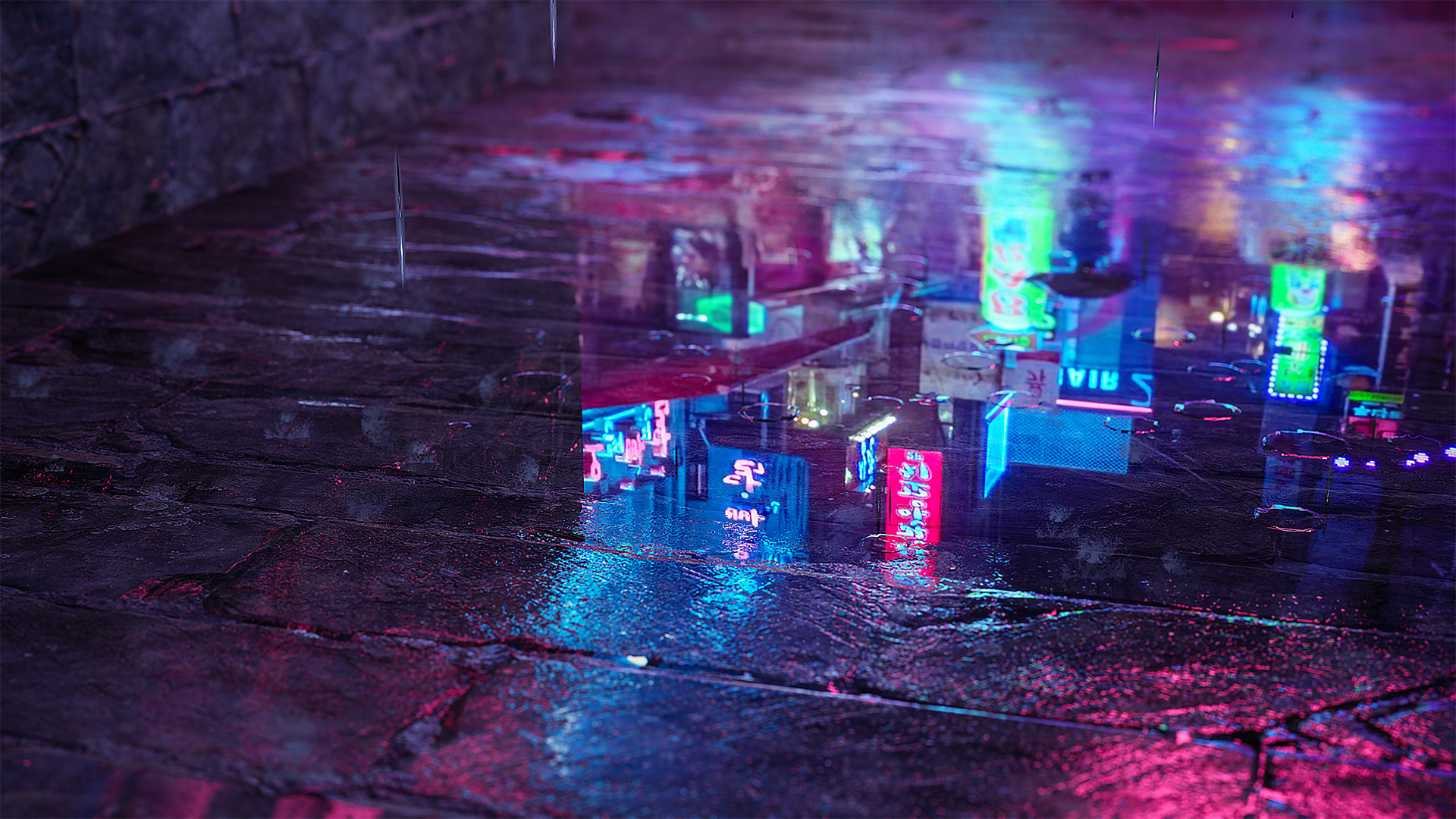 General 1920x1080 CGI digital art water city city lights night neon Unreal Engine 4  rain bricks Shader reflection