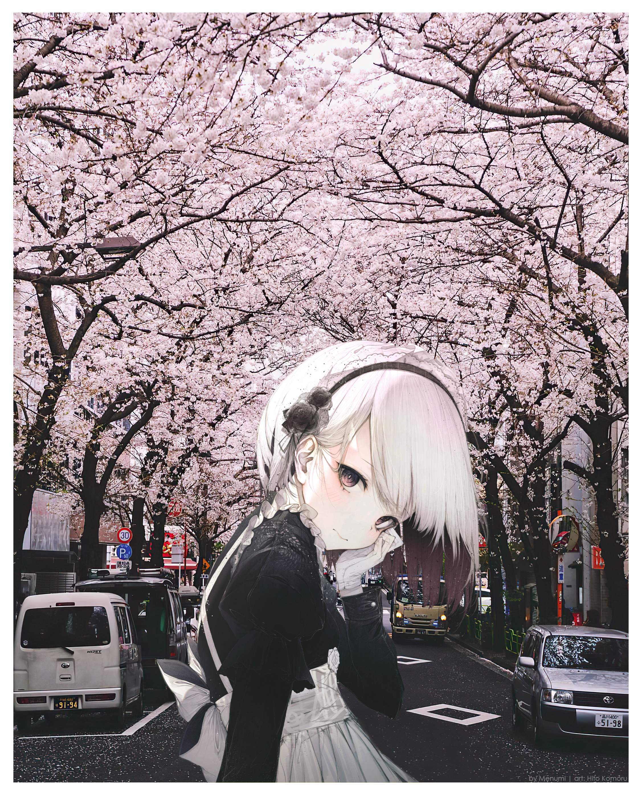 Anime 2254x2788 anime Hito Komoru street Japan cherry blossom