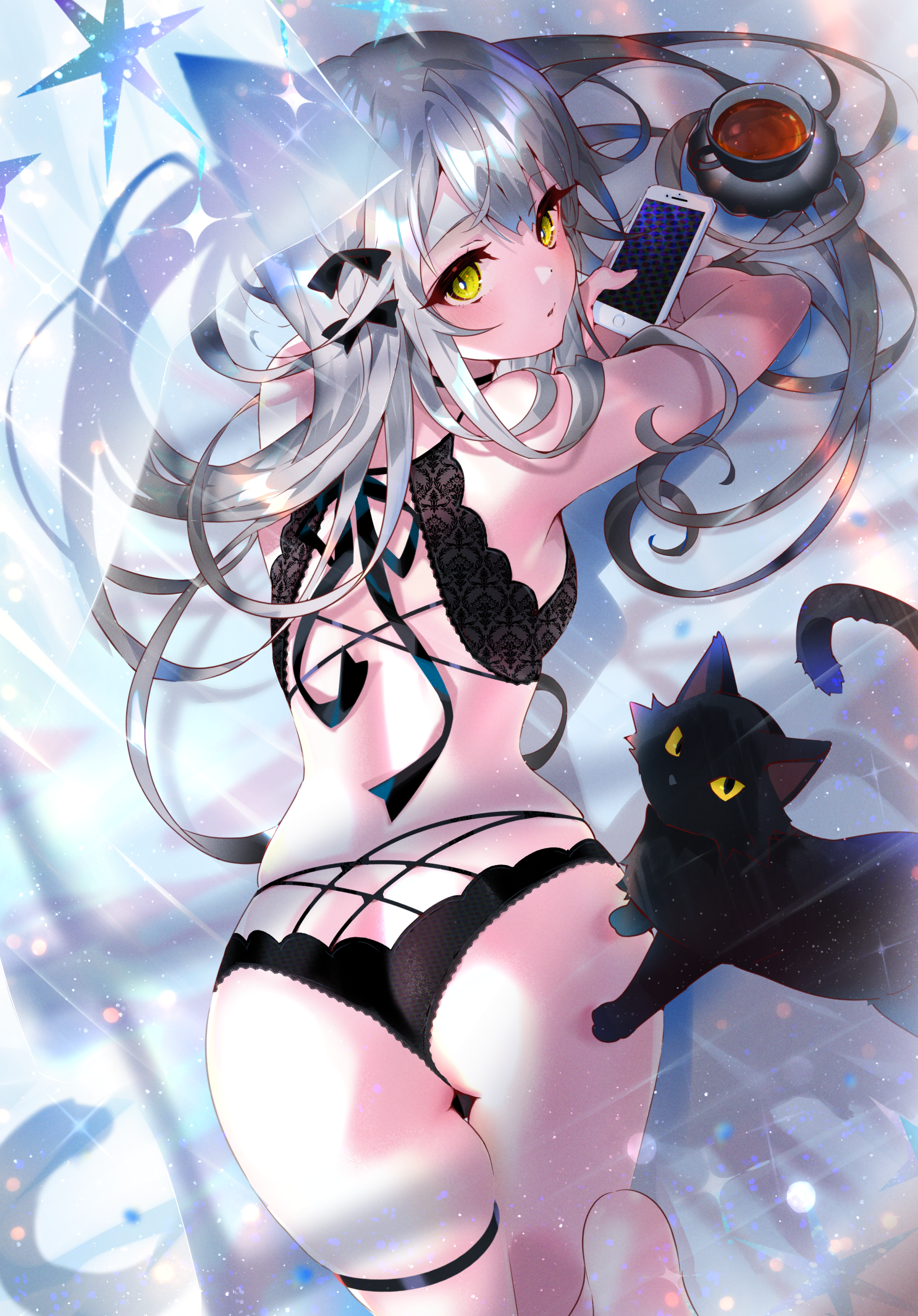 Anime 2023x2900 anime anime girls digital art artwork 2D portrait display animal ears lingerie ass lying on front cats silver hair yellow eyes looking back Arutera arms up back phone