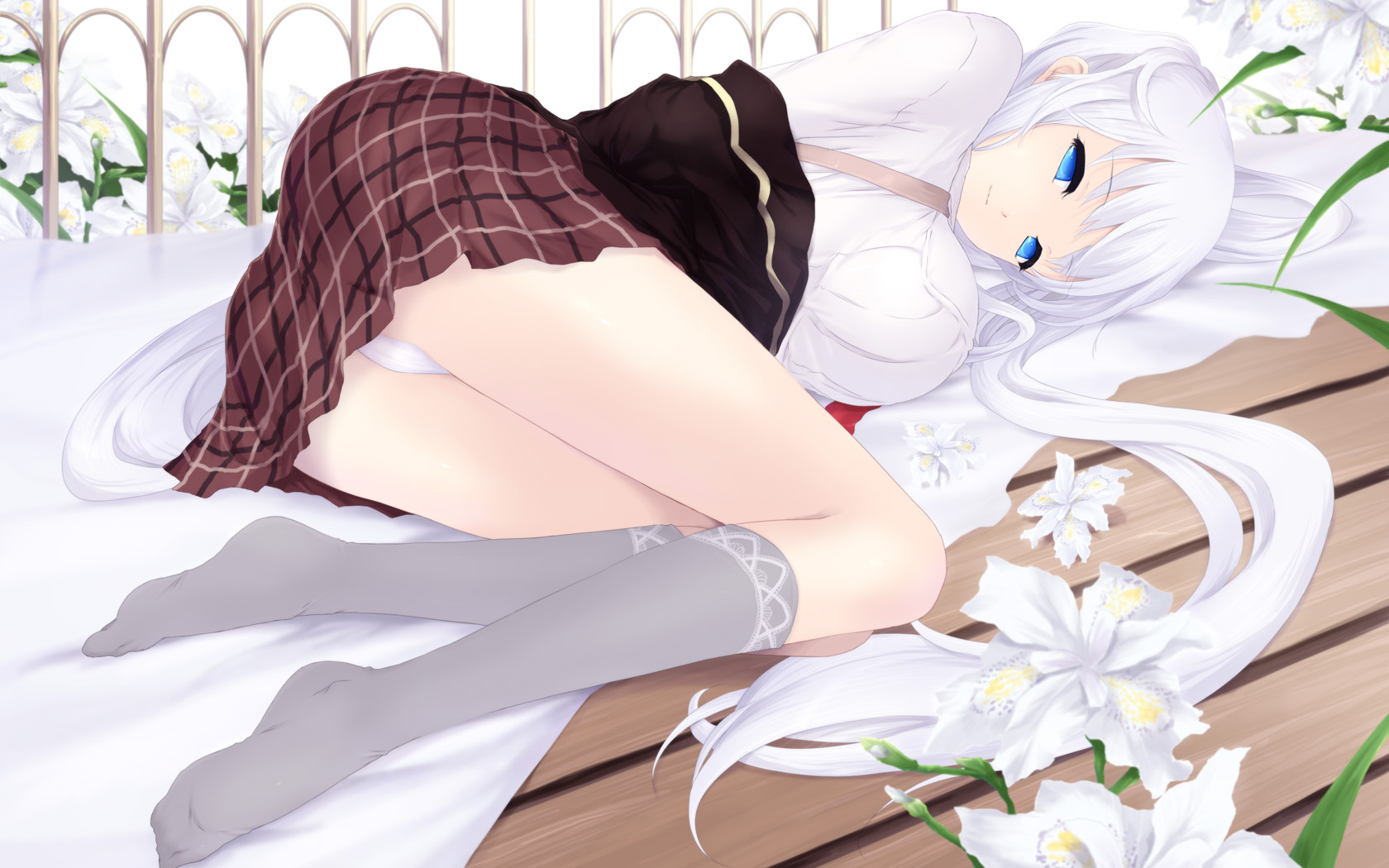 Anime 1680x1050 anime girls white silver hair blue eyes panties thigh-highs flowers Mabinogi Nao Cait Aron