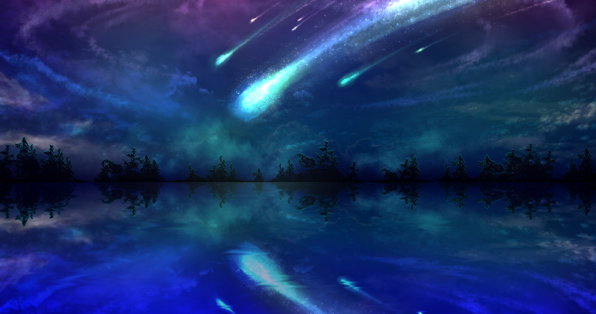 Anime 1900x1000 stars water artwork reflection nature sky trees night clouds blue