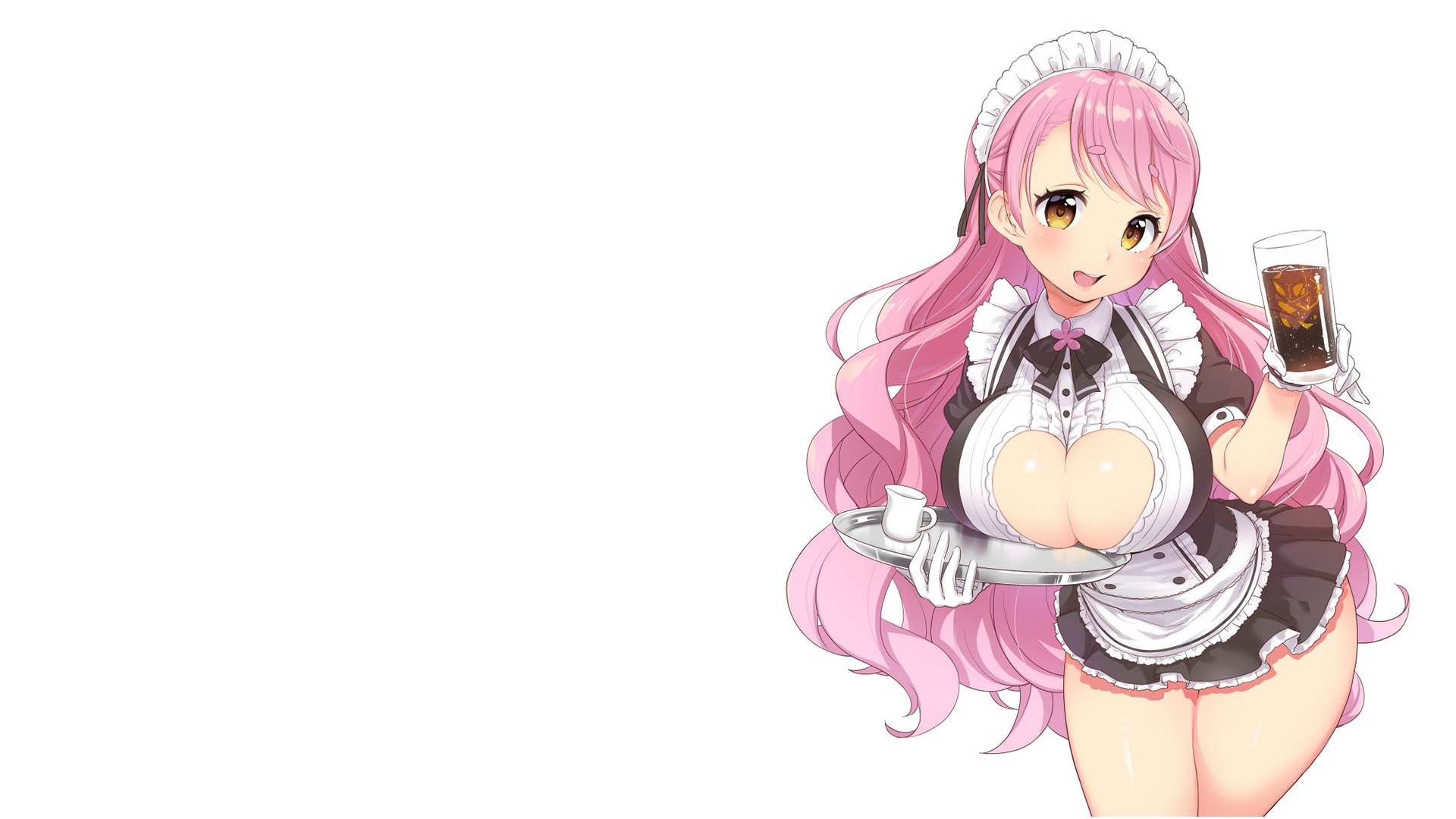 Anime 1920x1080 anime girls simple background maid maid outfit waitress big boobs huge breasts ecchi pink hair minidress boobs on plate anime plates white background