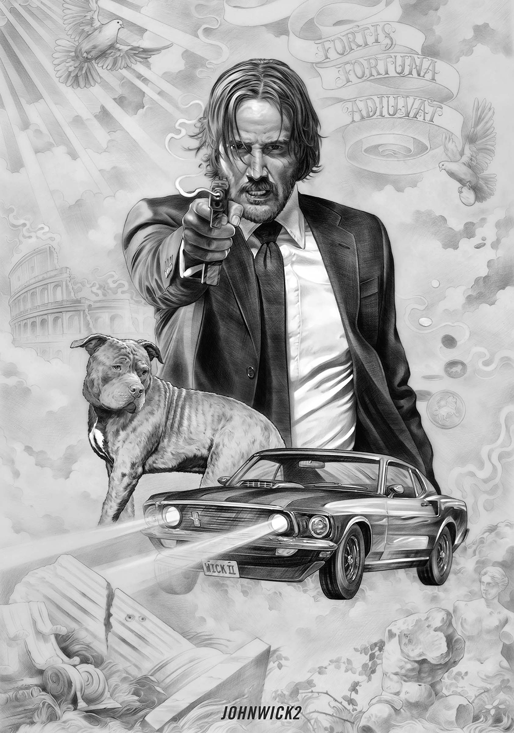 General 1000x1426 John Wick  Fortis Fortuna Adiuvat Keanu Reeves dog John Wick Chapter 2 fan art monochrome movies movie characters actor Ford Ford Mustang muscle cars American cars