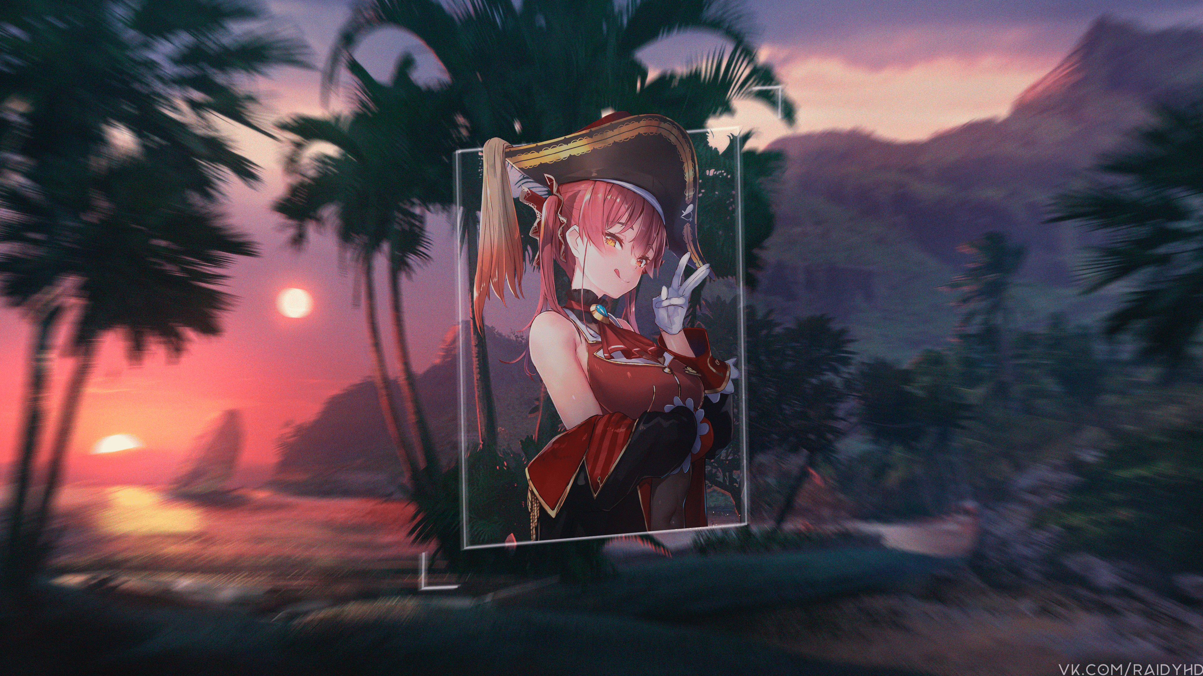 Anime 3840x2160 anime anime girls picture-in-picture Houshou Marine Hololive Virtual Youtuber pirate hat heterochromia watermarked palm trees redhead tongue out