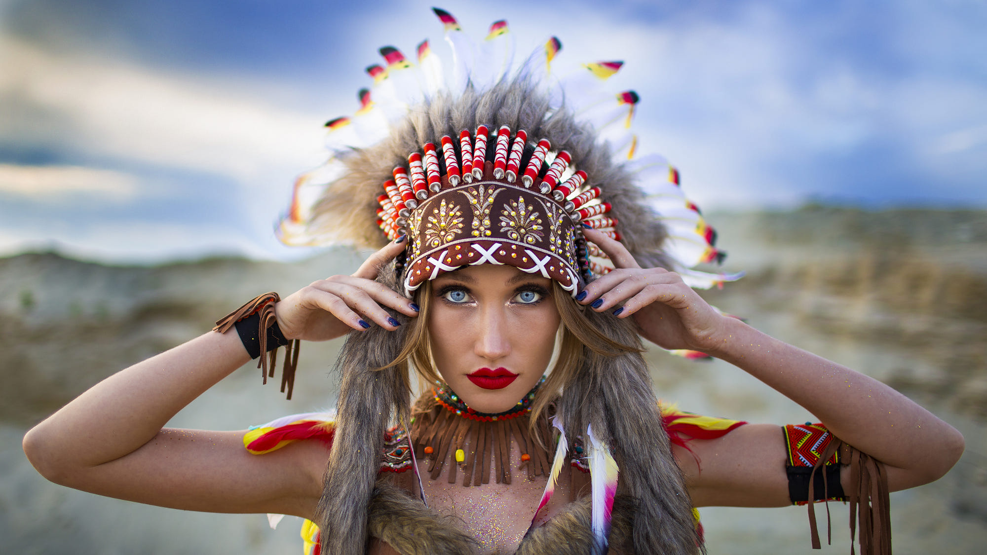 People 2000x1125 women feathers blue nails red lipstick blue eyes women outdoors portrait colorful sacrilege headdress Native American clothing