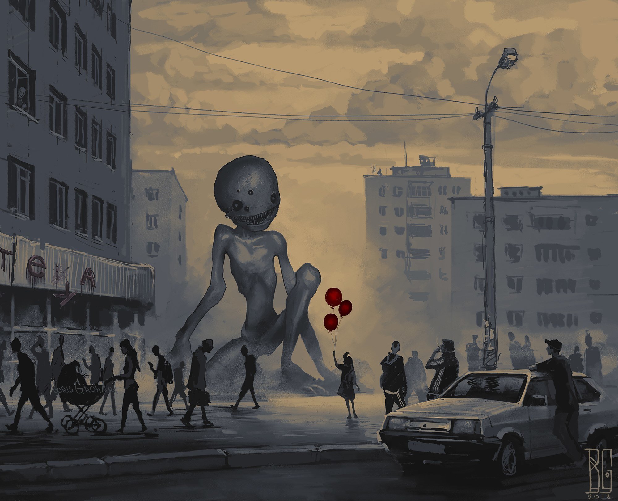 General 2000x1622 creepy creature giant city balloon Boris Groh LADA digital art 2018 (year) watermarked Russia