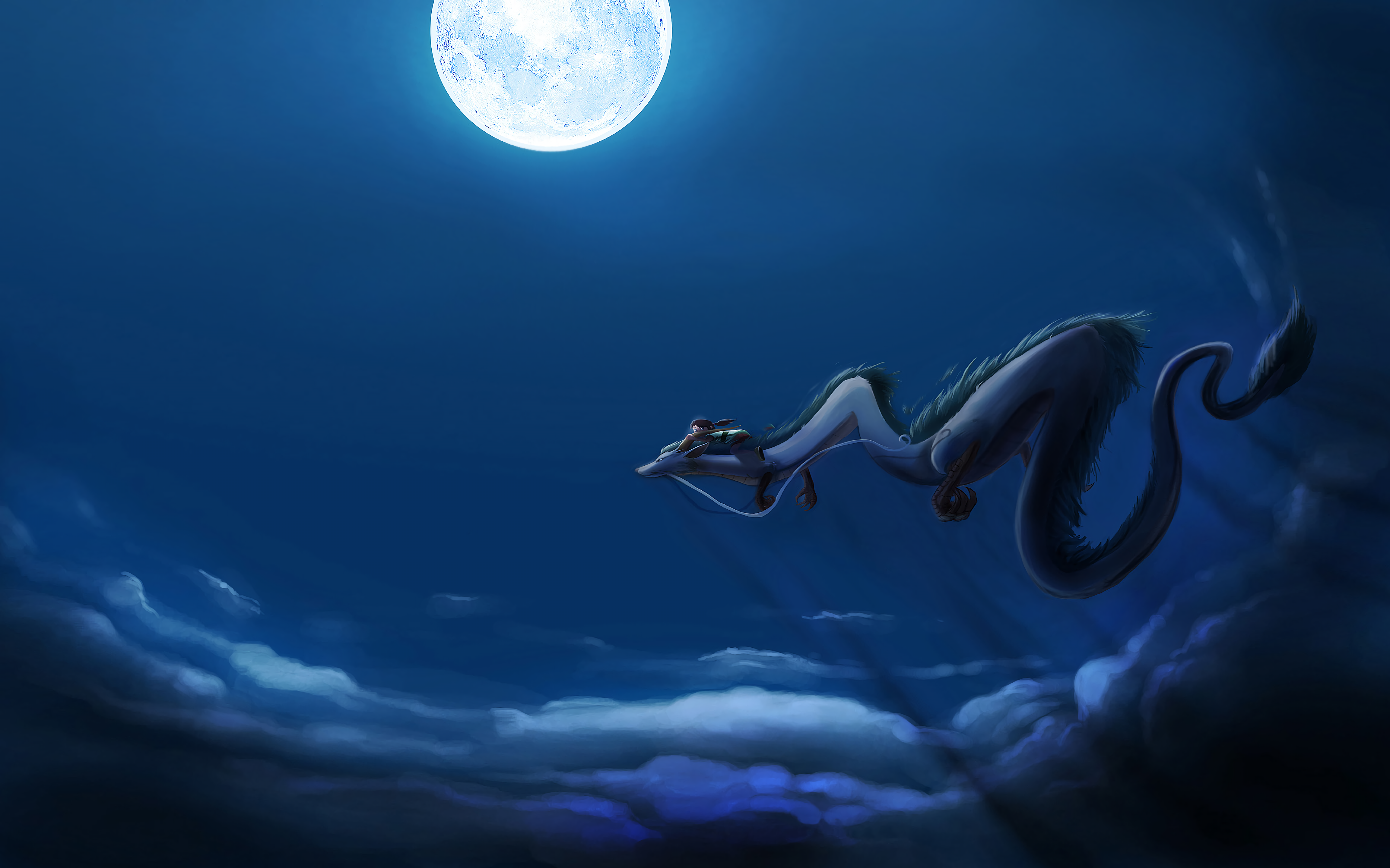 Anime 4608x2880 anime fan art Spirited Away night Moon moonlight clouds Haku blue Chinese dragon full moon