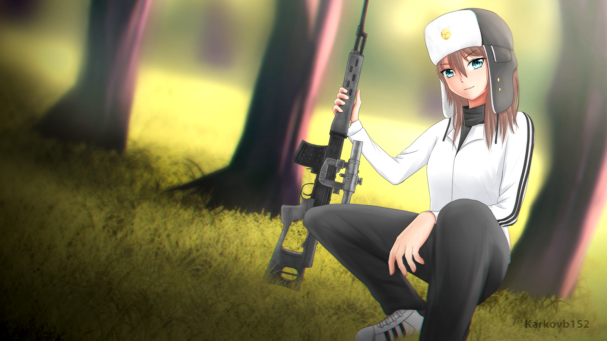Anime 2560x1440 anime weapon forest anime girls ushanka sniper rifle Dragunov