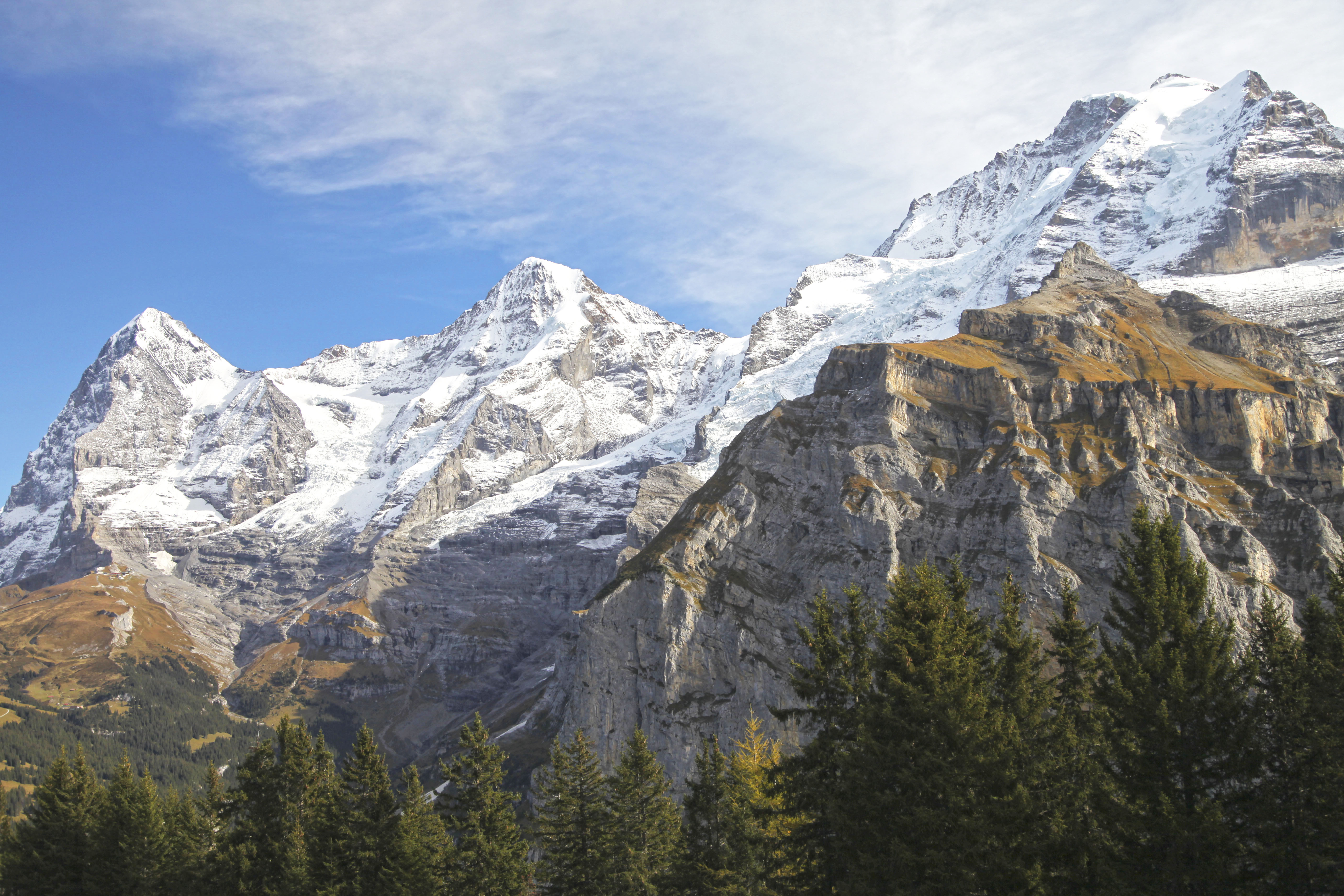 General 5616x3744 mountains pine trees snow clear sky Jungfrau Switzerland