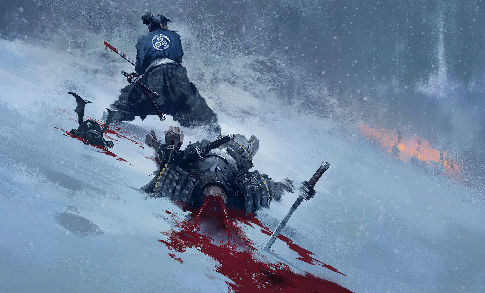 General 1885x1140 Joakim Ericsson artwork digital art illustration painting concept art warrior samurai katana beheading blood snowing snow 2D Duel