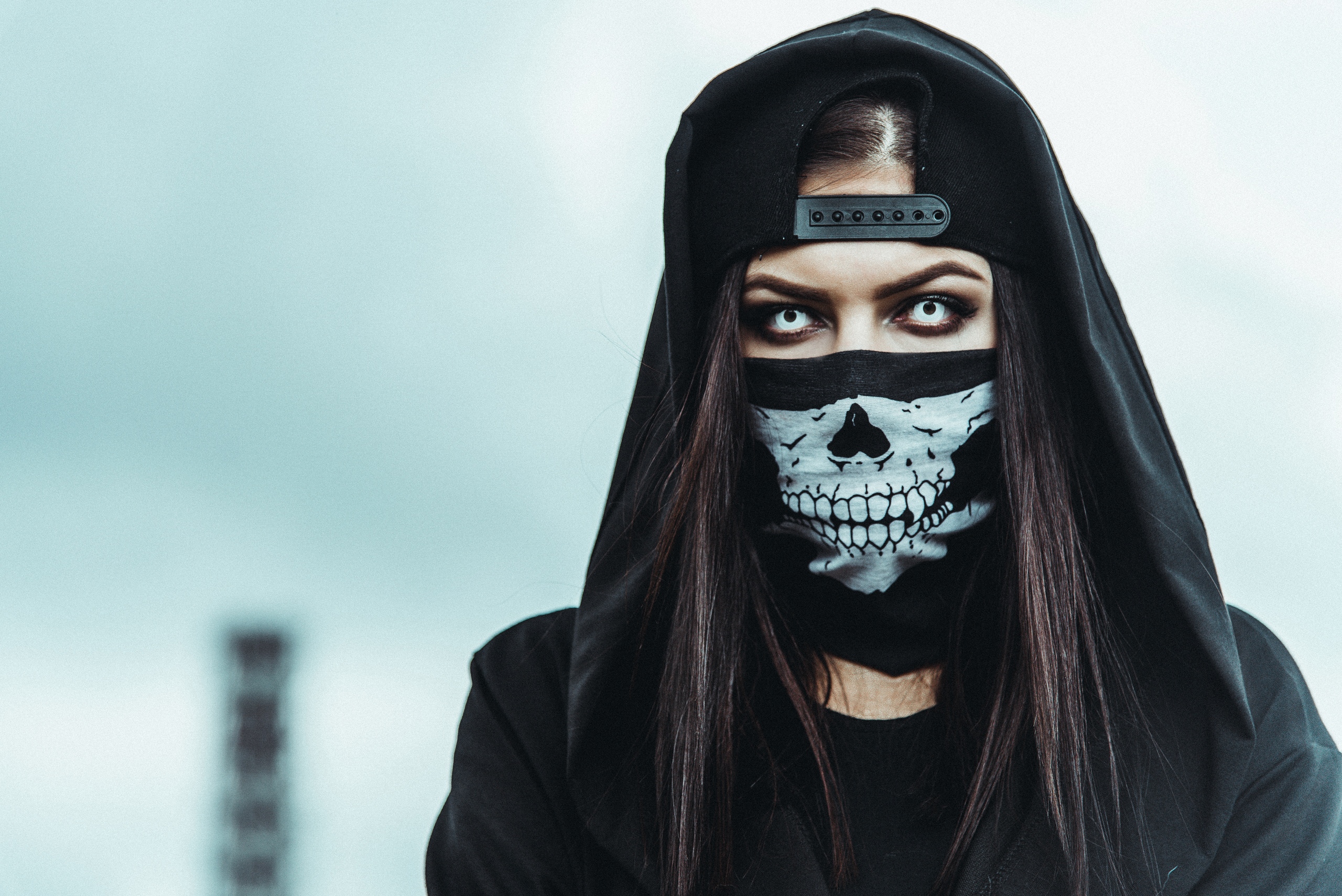 People 2560x1709 women dark hair baseball cap hoods black clothing outdoors contact lenses mask skeleton skull women outdoors