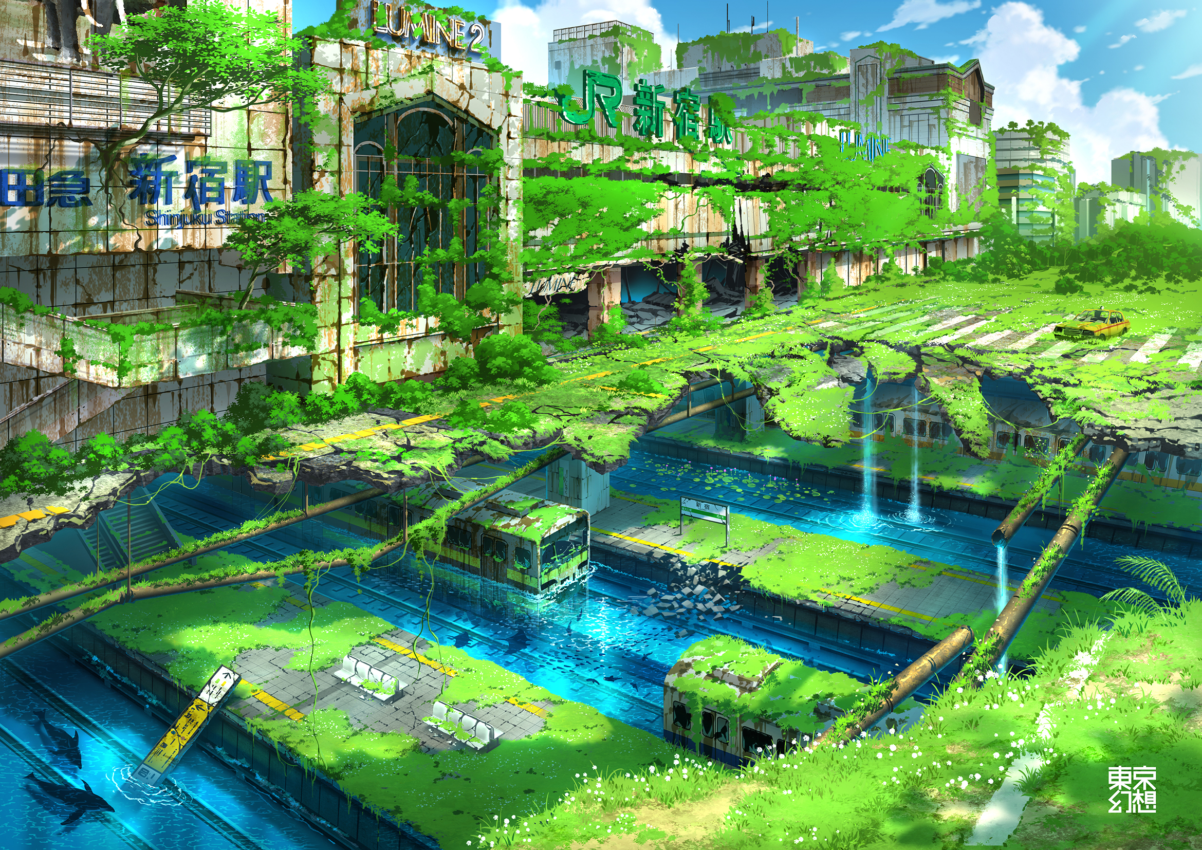 Anime 2339x1654 anime digital art artwork fantasy art drawing digital painting landscape urban modern grass plants water train train station railway ruins outdoors clouds Sun sun rays architecture building apocalyptic city nature wood old building TokyoGenso