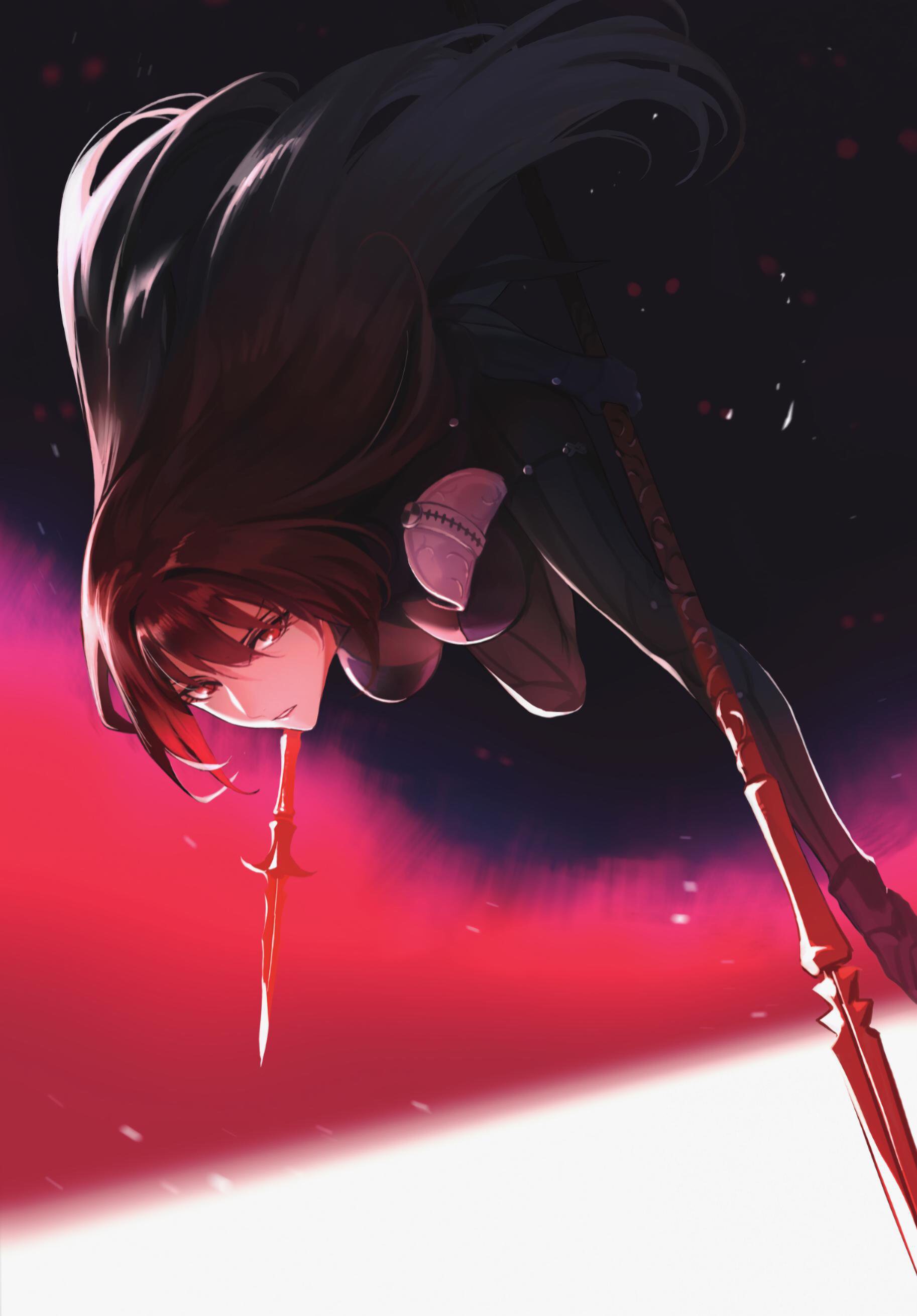 Anime 1826x2620 Fate/Grand Order Fate series Scathach anime girls artwork Leroi bodysuit long hair brunette red eyes weapon