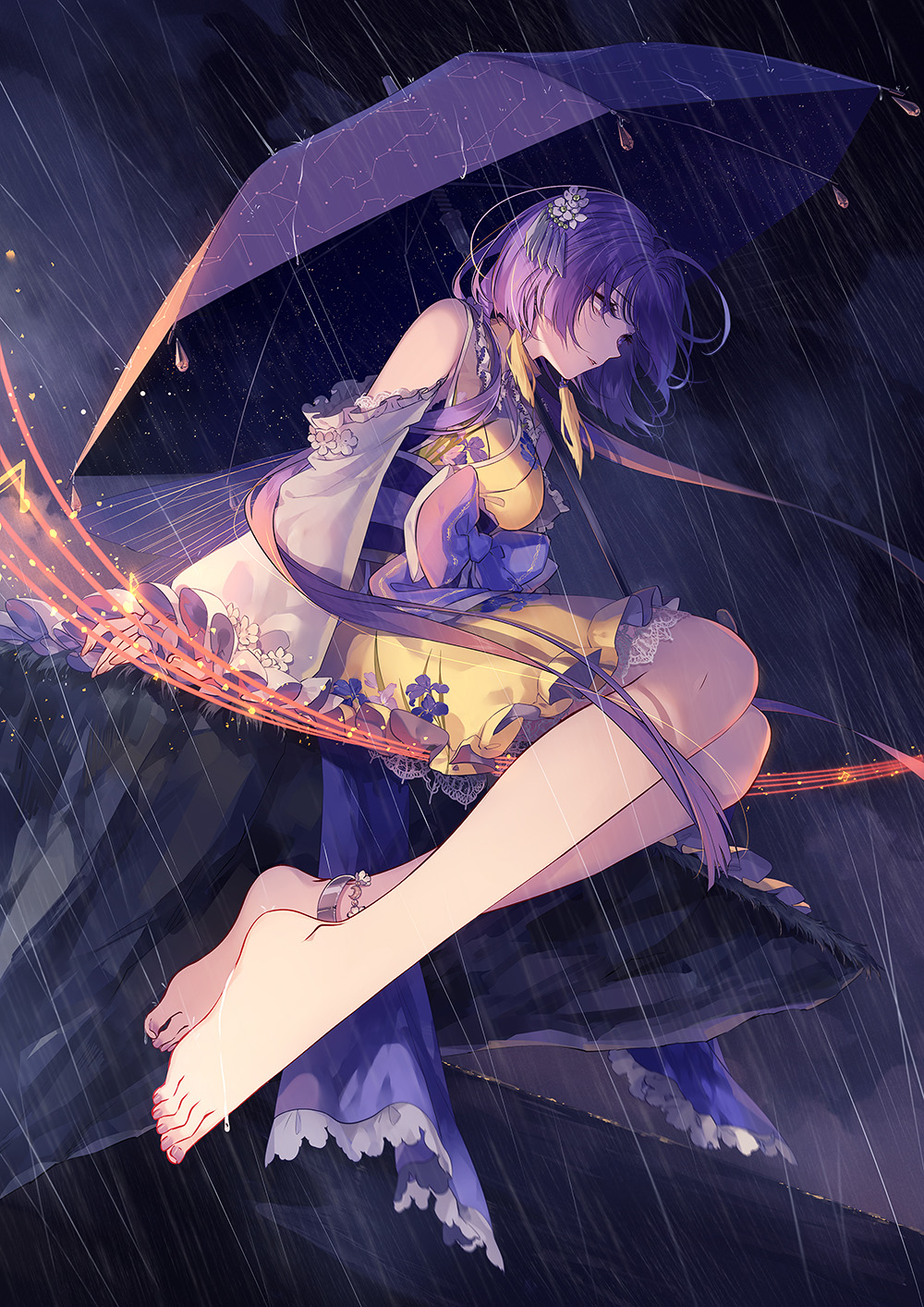 Anime 1000x1414 anime anime girls digital art artwork 2D portrait display Touhou Tsukumo Benben looking away barefoot Kieta rain sitting pointed toes purple hair detached sleeves wind hair blowing in the wind Japanese clothes dress outdoors women outdoors bent legs cliff frills umbrella painted toenails purple nails flower in hair hair ornament flowers kimono bare shoulders anklet sash clouds wide sleeves