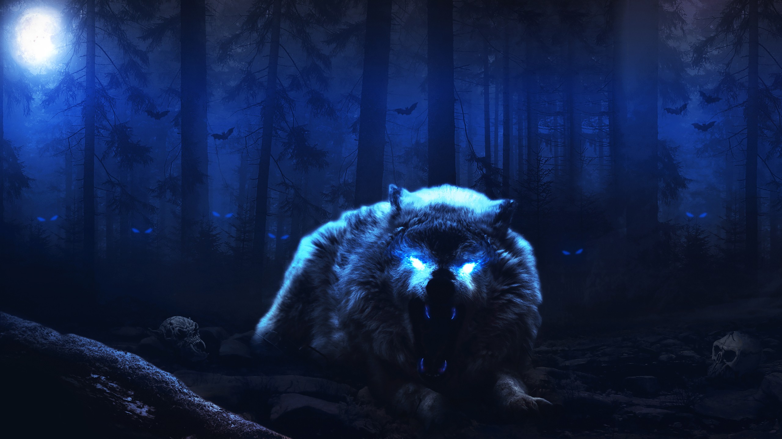 General 2560x1440 wolf fantasy art dark Moon glowing eyes animals artwork mammals creature blue night