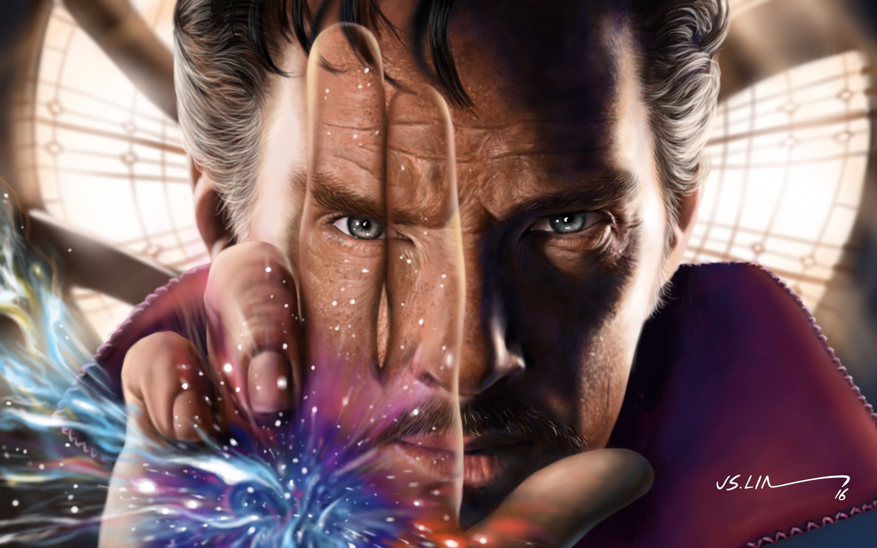 General 2800x1750 Doctor Strange Marvel Cinematic Universe Benedict Cumberbatch portrait face artwork digital art drawing Jinsung Lim looking at viewer frontal view movies