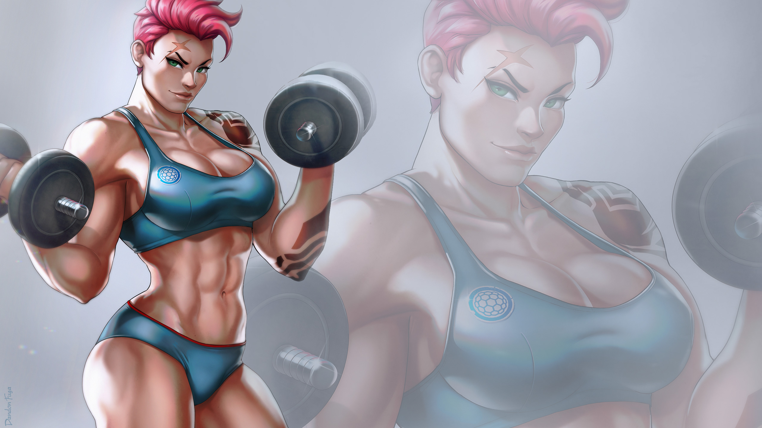 General 2560x1440 Dandonfuga Zarya (Overwatch) Overwatch pink hair weightlifting tattoo video game characters digital art watermarked