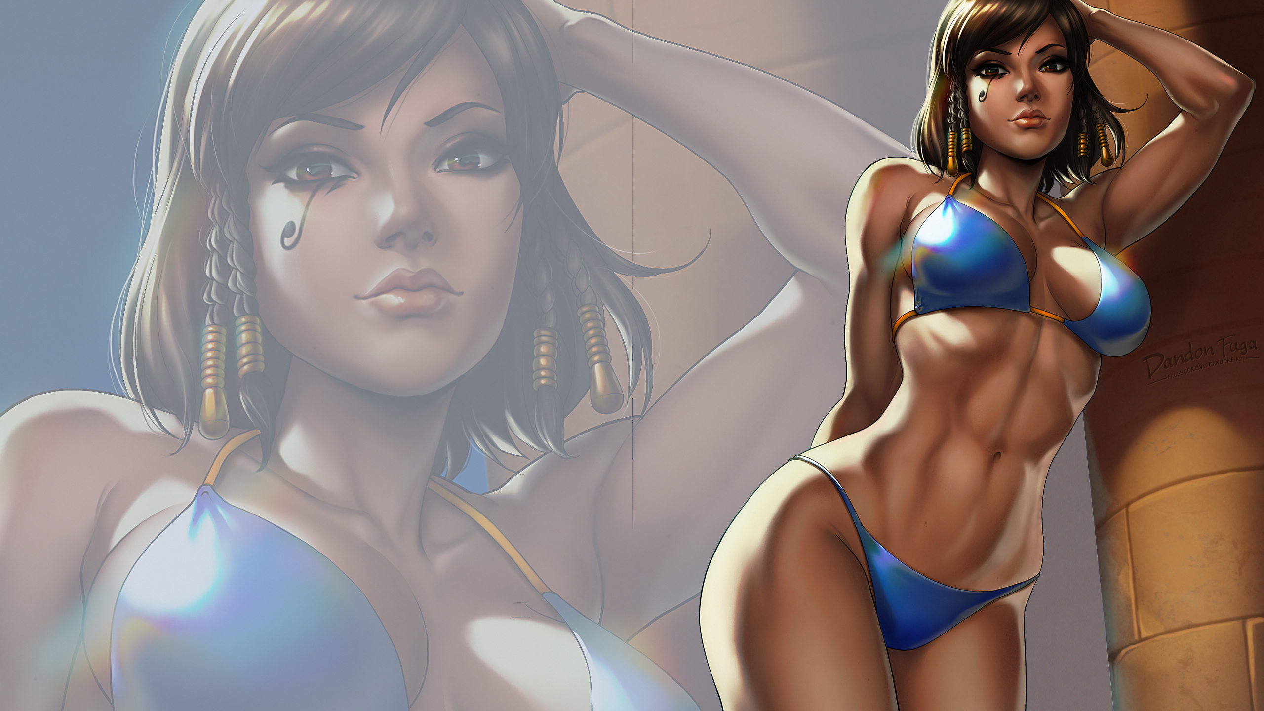 General 2560x1440 Pharah (Overwatch) Overwatch Dandonfuga bikini video game characters dark skin oriental swimwear armpits one arm up digital art