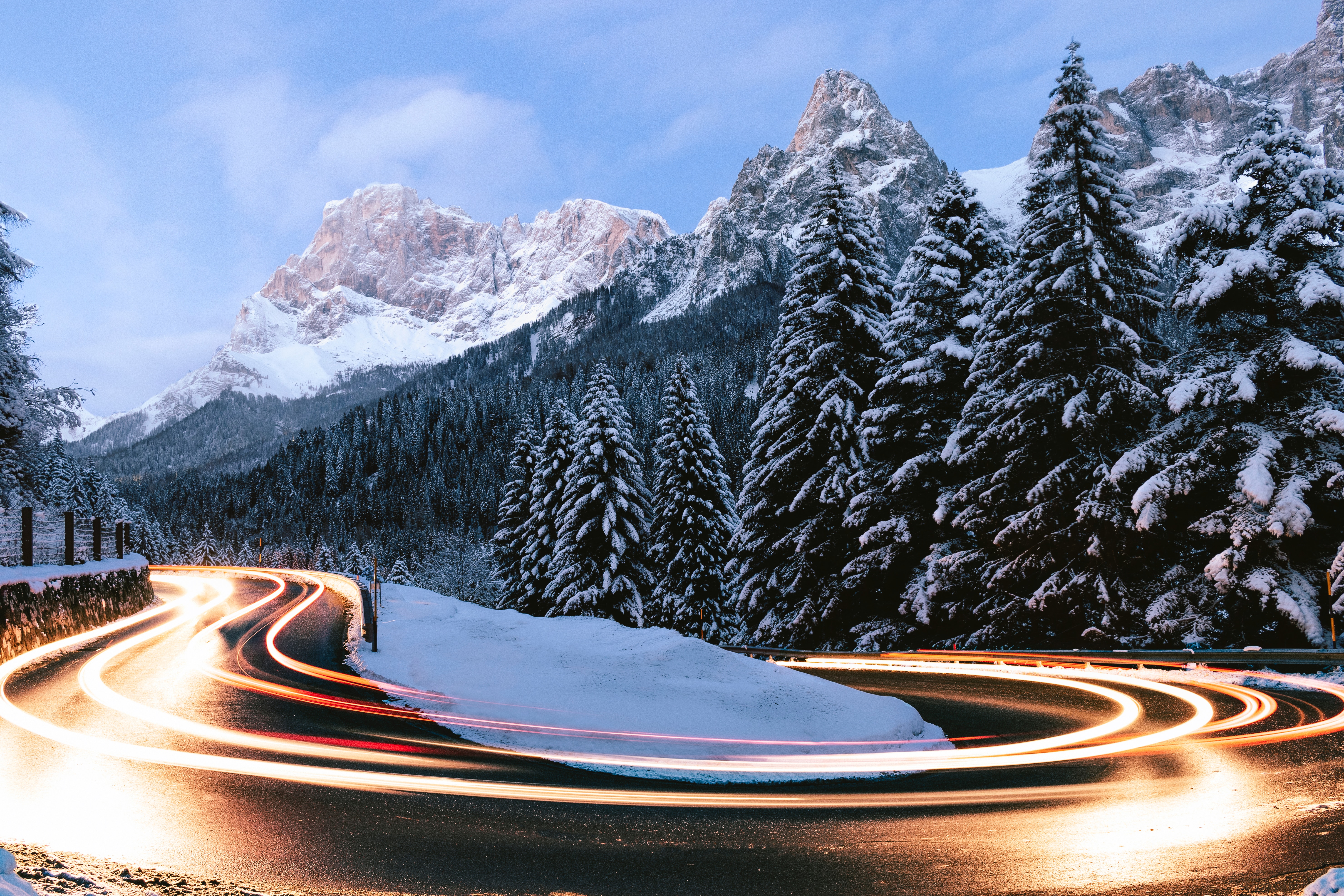 General 5918x3945 winter pine trees mountains road snow landscape light trails long exposure hairpin turns
