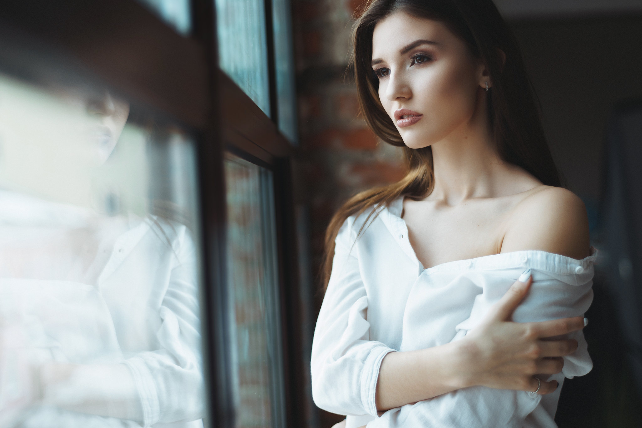 People 2048x1365 women portrait model brunette brown eyes open mouth bare shoulders white shirt profile white nails looking out window shirt
