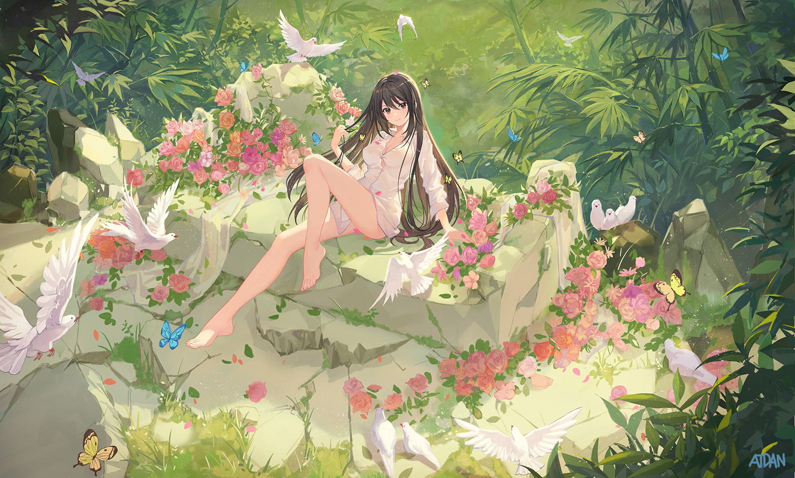 Anime 1593x957 artwork digital art anime girls shirt white shirt barefoot legs black hair long hair flowers pigeons birds butterfly Atdan anime Pixiv