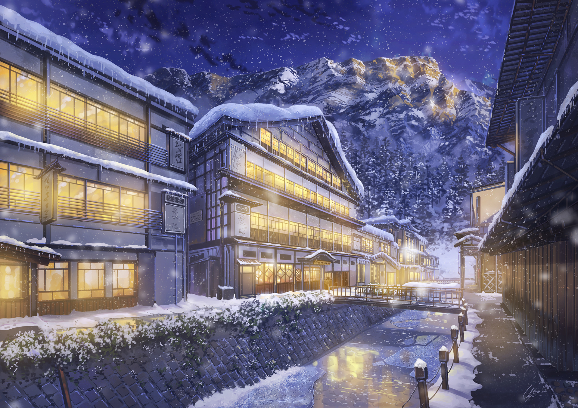 Anime 1920x1357 anime night mountains building snow winter