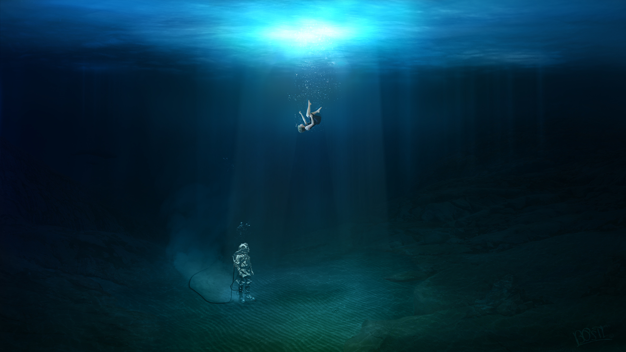 General 2560x1440 water underwater digital art divers women drowning sun rays bubbles