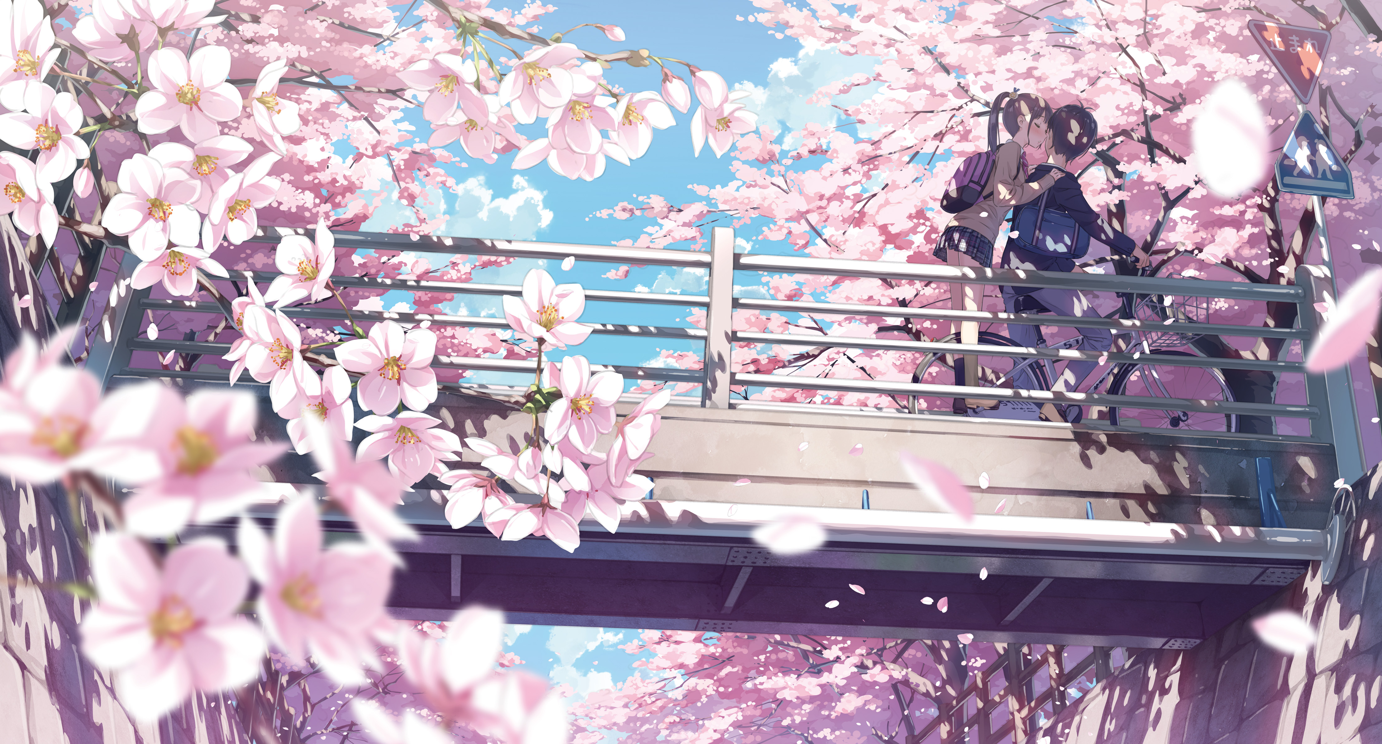 Anime 4436x2389 anime anime girls colorful flowers plants bicycle spring bridge