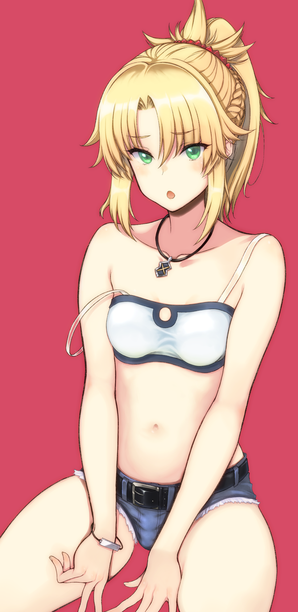 Anime 966x1980 Fate series Fate/Grand Order Fate/Apocrypha  anime girls thighs the gap ecchi no bra thick thigh ponytail jean shorts blushing embarrassed cleavage small boobs belly button open mouth Mordred (Fate/Apocrypha) 2D simple background green eyes portrait display braids white tank top looking at viewer fan art curvy anime blonde