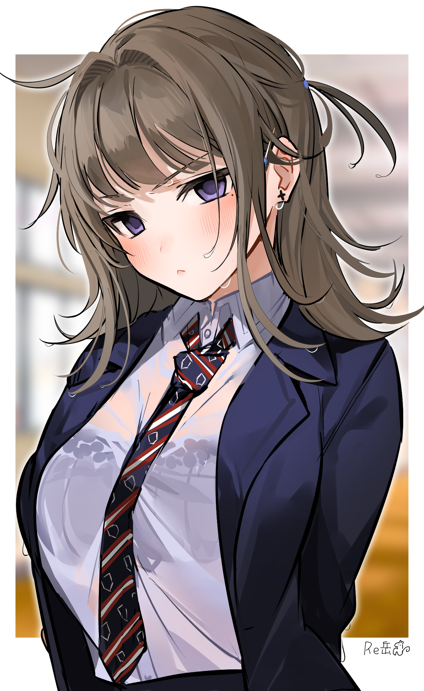 Anime 1411x2298 anime anime girls 2D portrait display vertical Xretakex brunette purple eyes blushing school uniform see-through blouse bra tie
