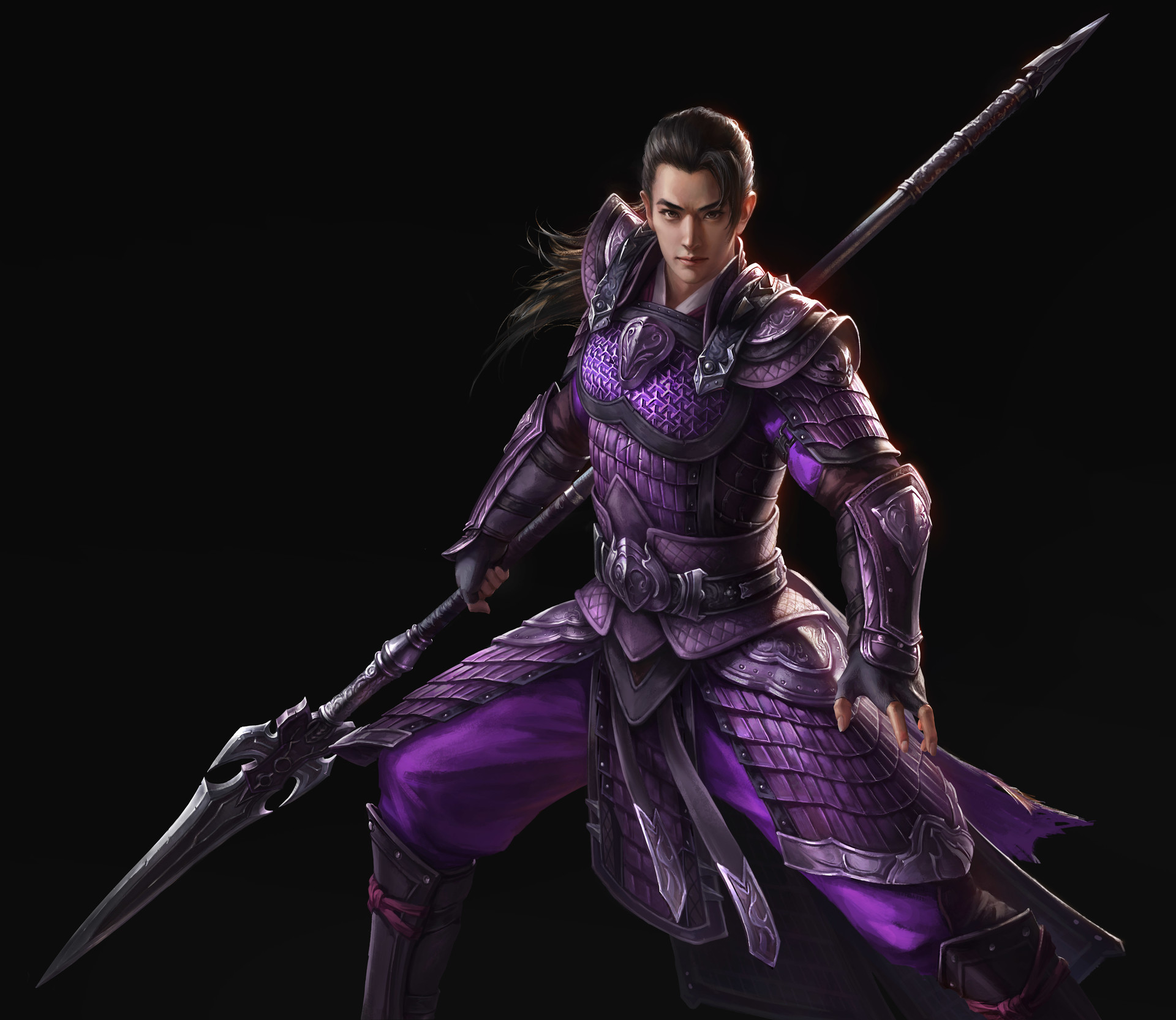 General 1920x1665 drawing men warrior brunette long hair armor purple clothing gloves weapon spear simple background black background