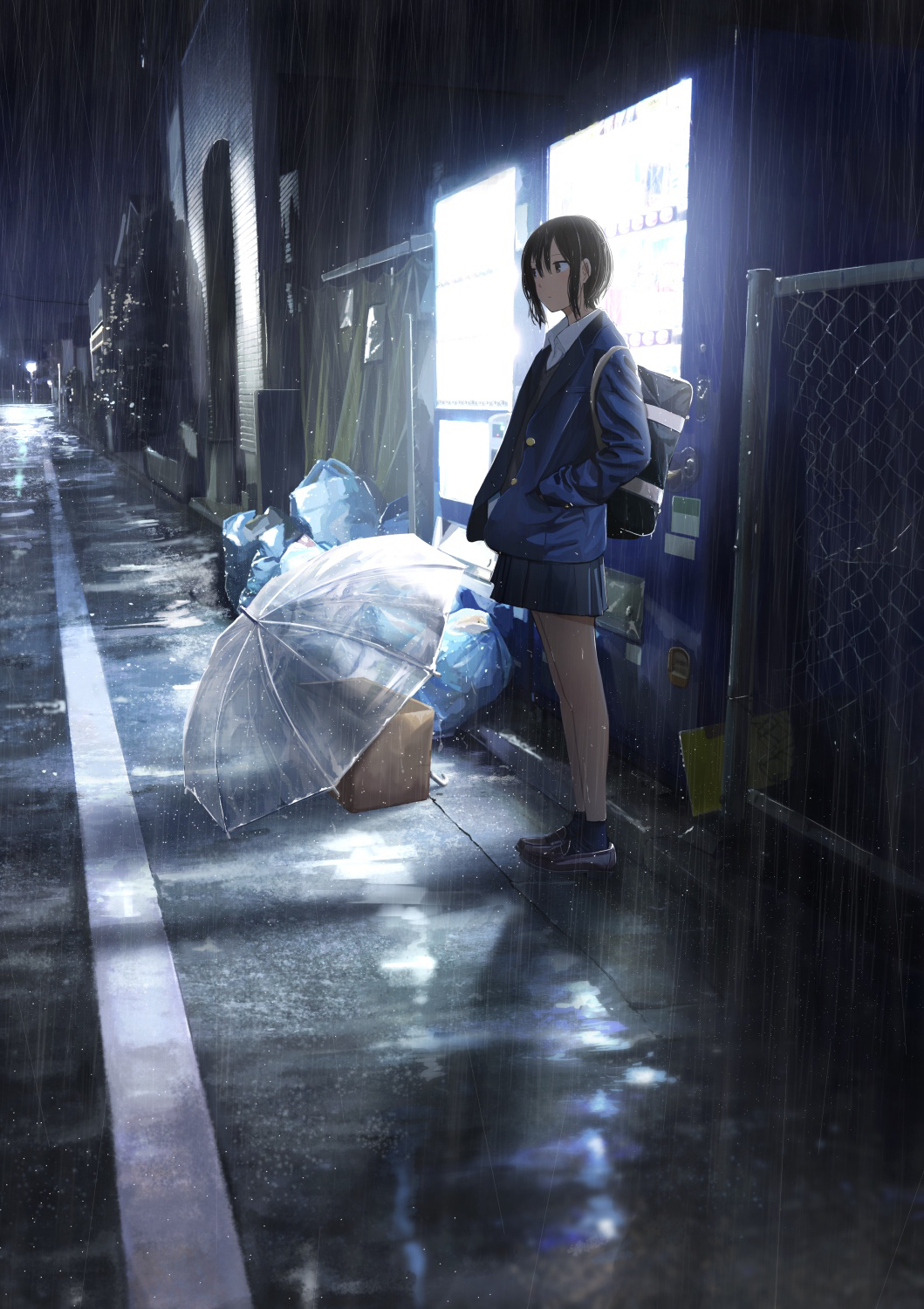 Anime 1059x1500 anime anime girls digital art artwork 2D portrait display Sake Harasu school uniform rain umbrella short hair night